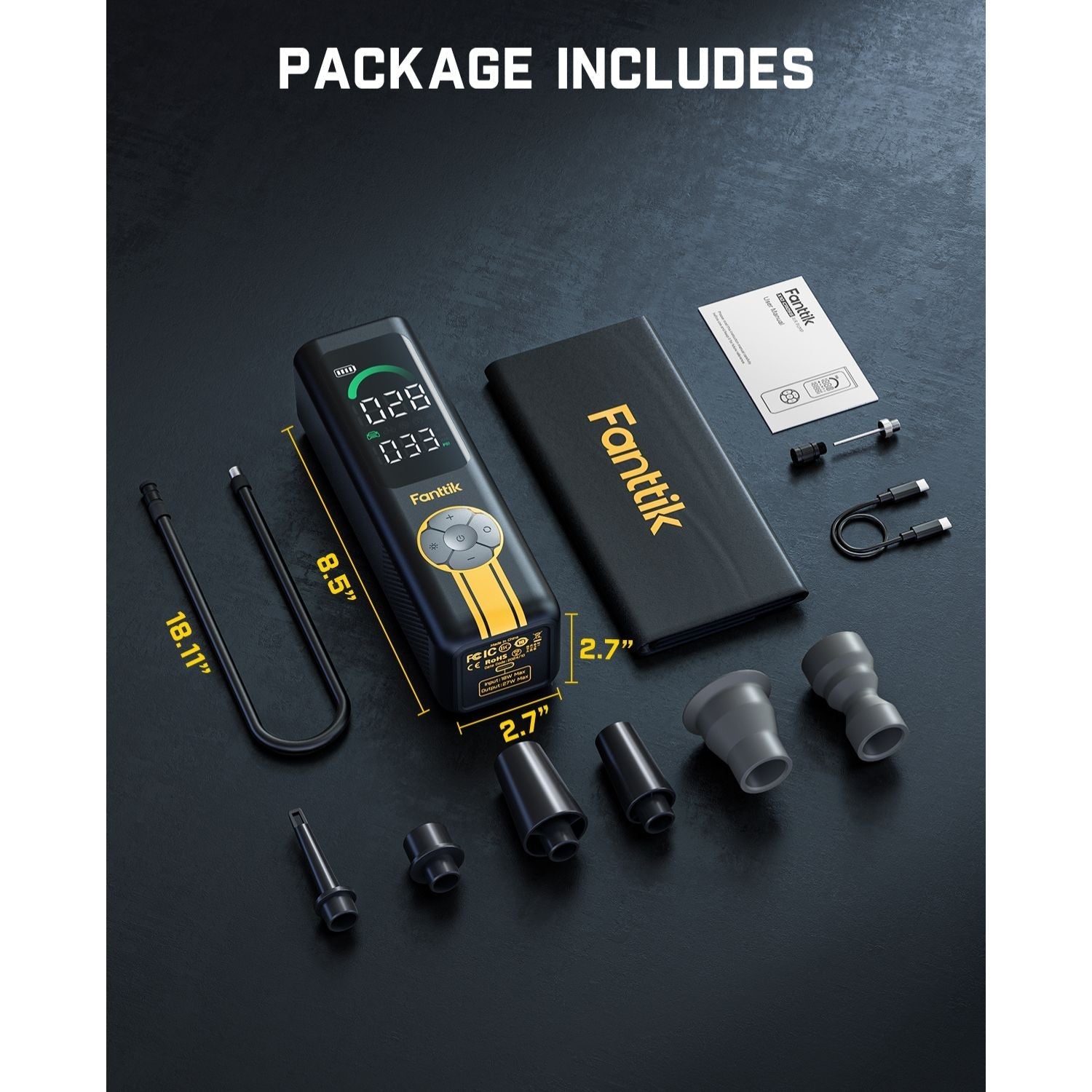 Fanttik X10 Cross tire inflator package contents: inflator, case, manual, nozzles, and cables.