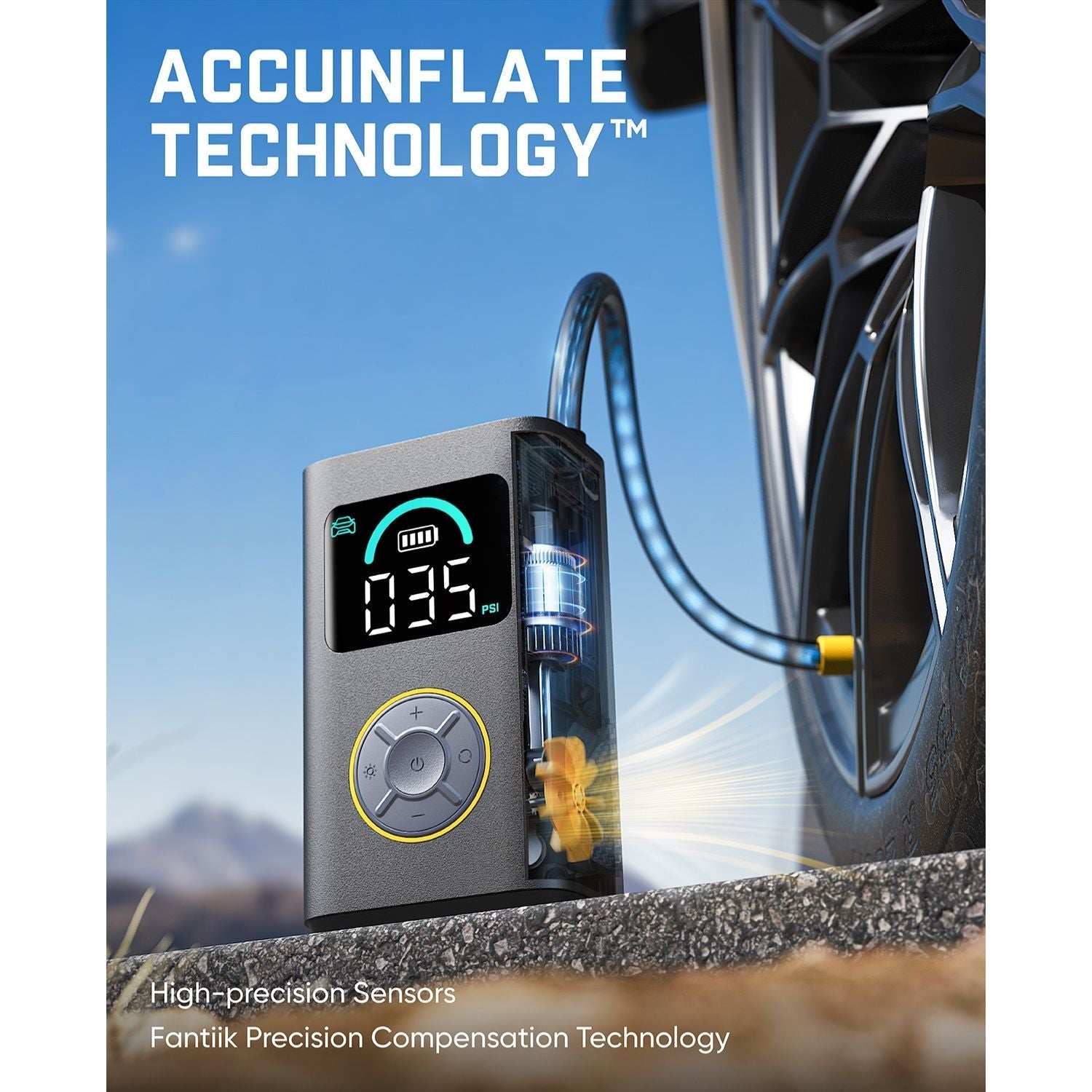 Fanttik X10 Pro tire inflator with digital PSI display and AccuInflate technology