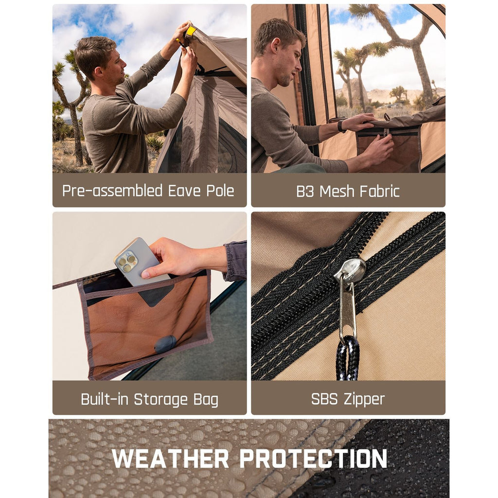 FanttikOutdoor Alpha C4 Ultra tent: pre-assembled eave pole, B3 mesh fabric, storage bag, SBS zipper, weather protection.