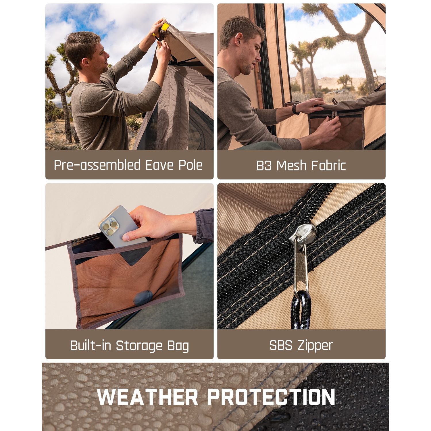FanttikOutdoor Alpha C4 Ultra tent: pre-assembled eave pole, B3 mesh fabric, storage bag, SBS zipper, weather protection.