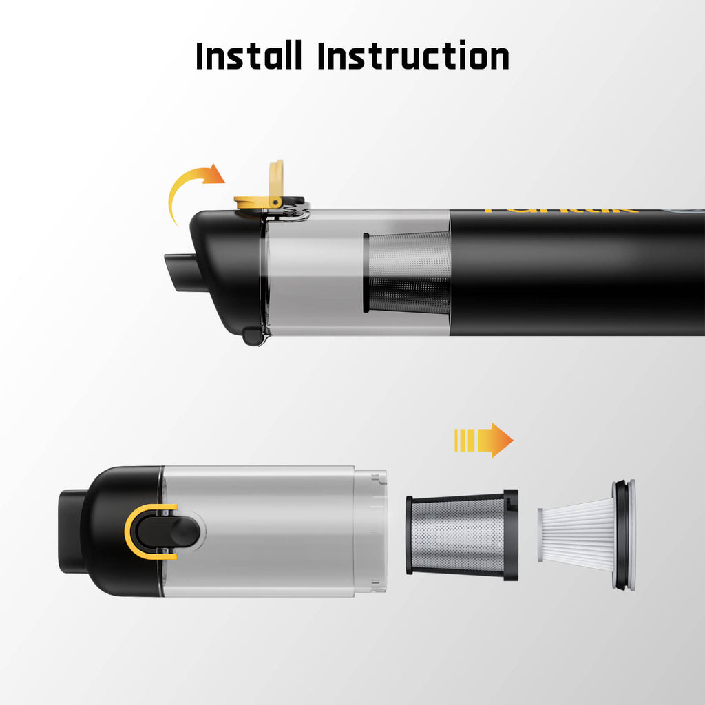 Fanttik V8 Mate/X10 Mix car vacuum HEPA filter install instructions with filter components shown.