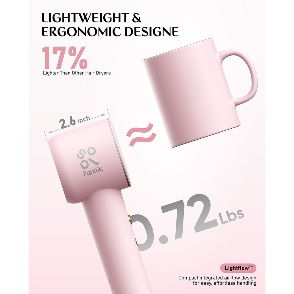Pink FanttikSolo SonicDry H10 PRO hair dryer, 0.72 lbs weight, 2.6 inch width, lightweight and ergonomic design.