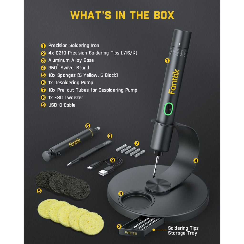 Fanttik T1 Max soldering iron kit with precision iron, C210 tips, base, stand, sponges, pump, tweezers and USB-C cable