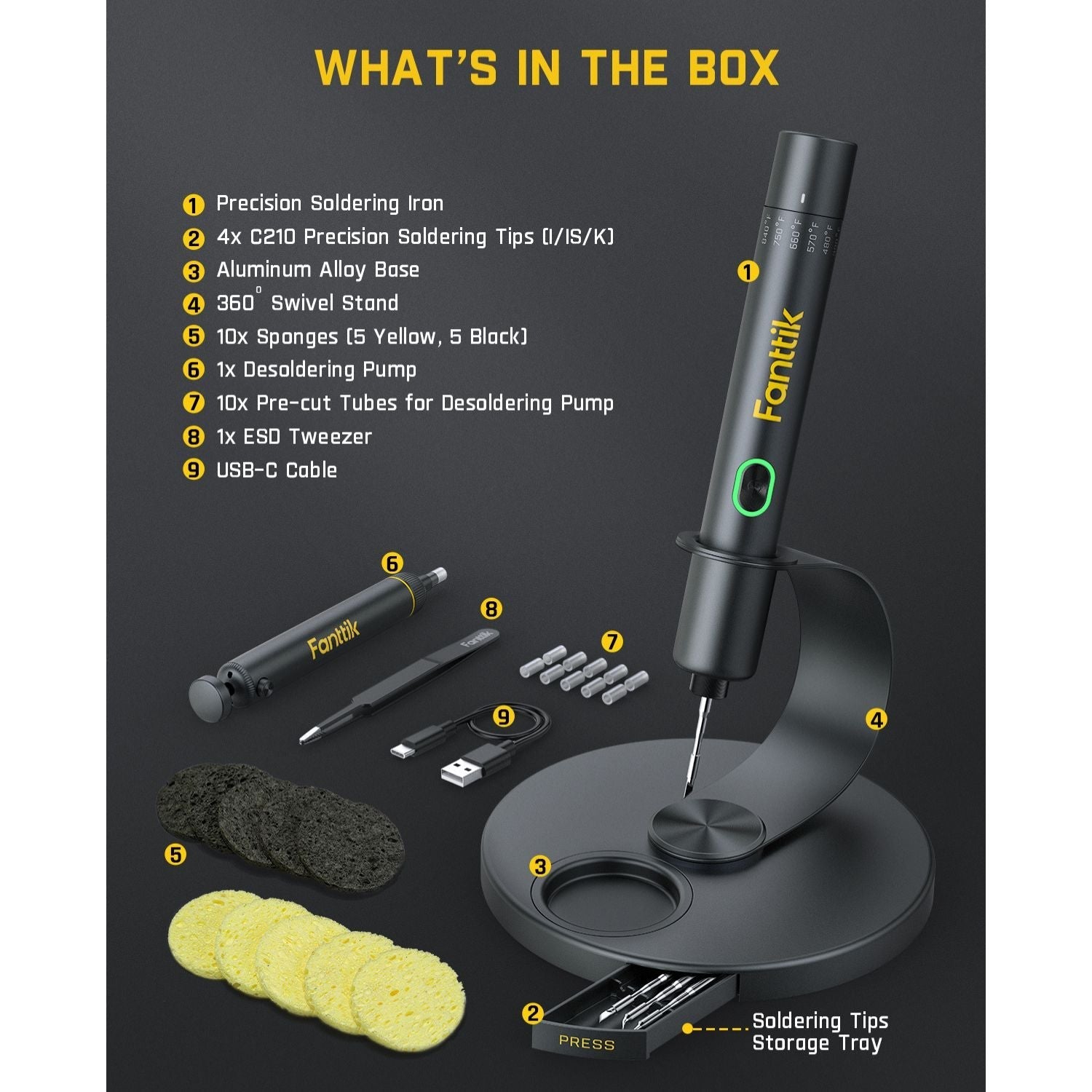 Fanttik T1 Max soldering iron kit with precision iron, C210 tips, base, stand, sponges, pump, tweezers and USB-C cable