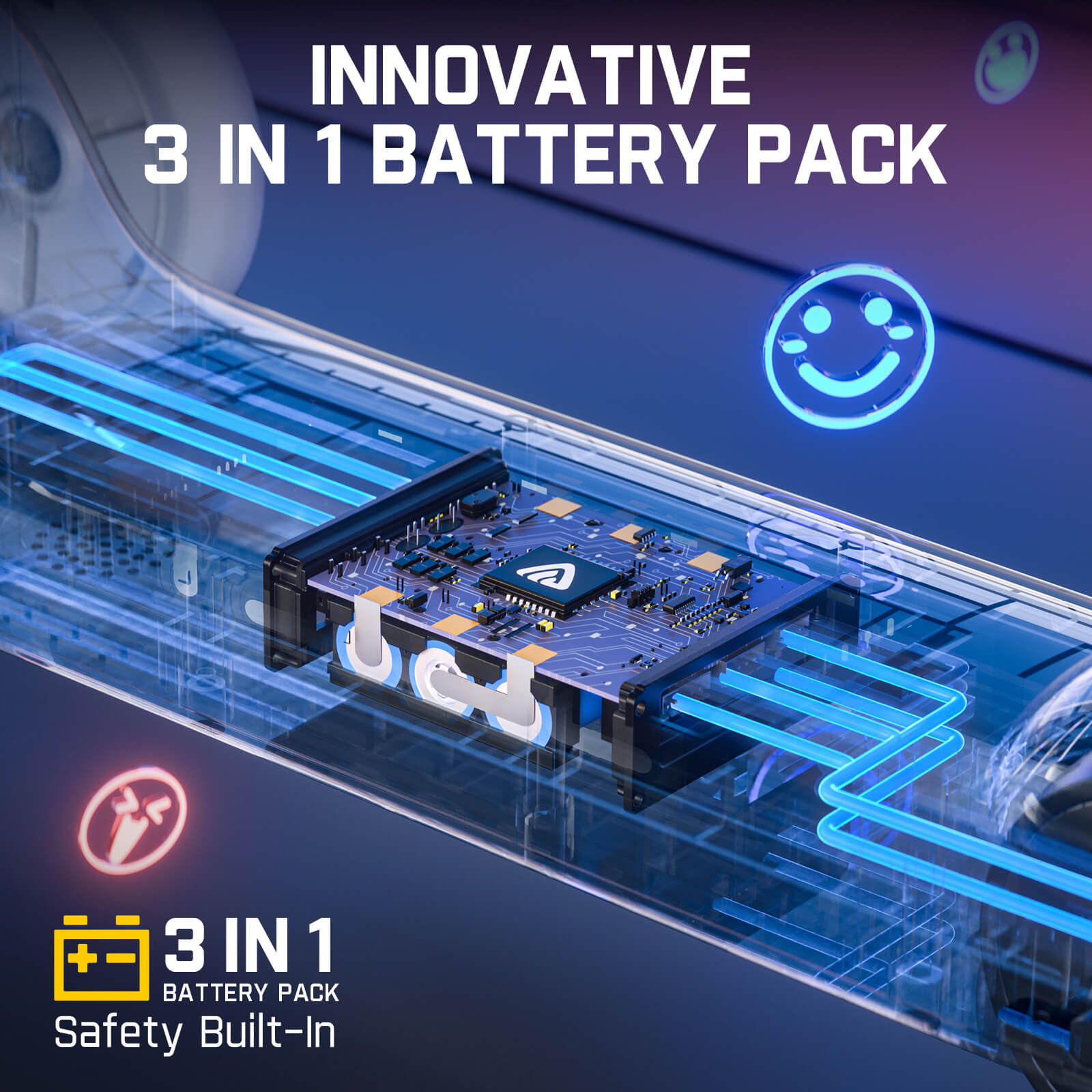 Innovative 3-in-1 battery pack with circuit board and glowing blue energy conduits. Safety built-in.