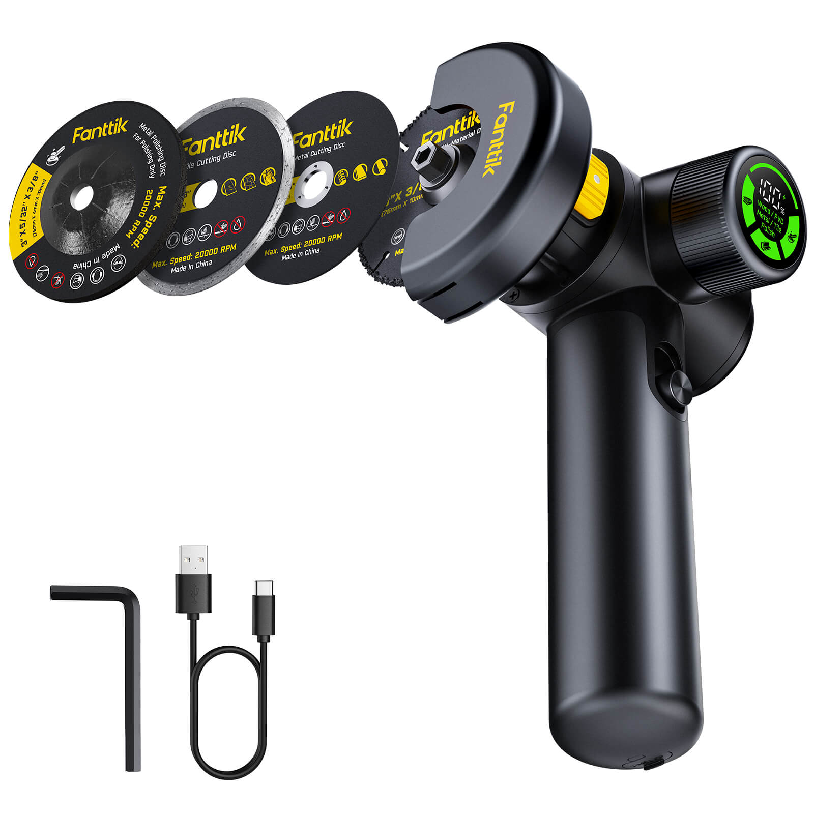 Fanttik M10 ACE cordless angle grinder with multiple cutting discs, USB-C cable, and hex wrench