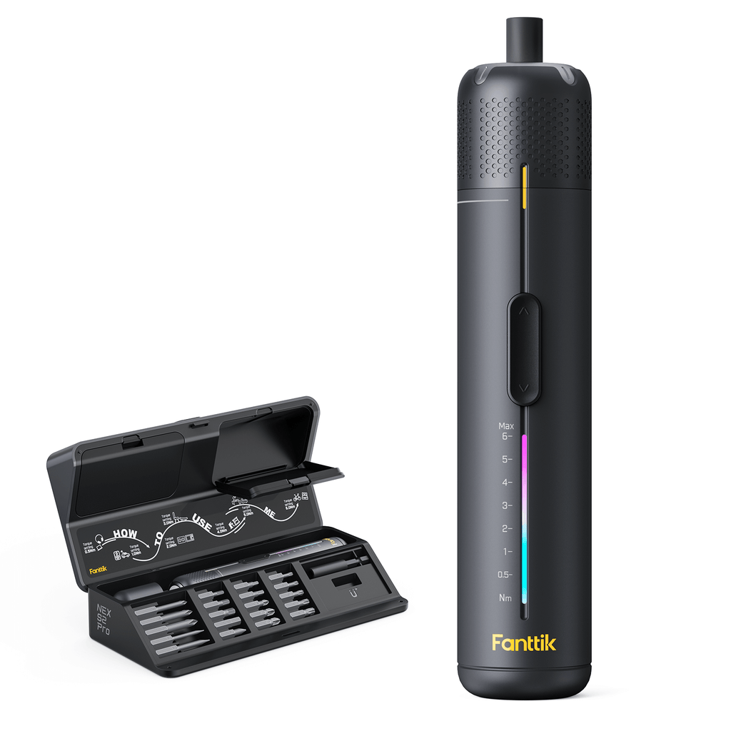 Fanttik S2 Pro cordless electric screwdriver with case and bits. Features 7 torque settings up to 6Nm and LED indicators.