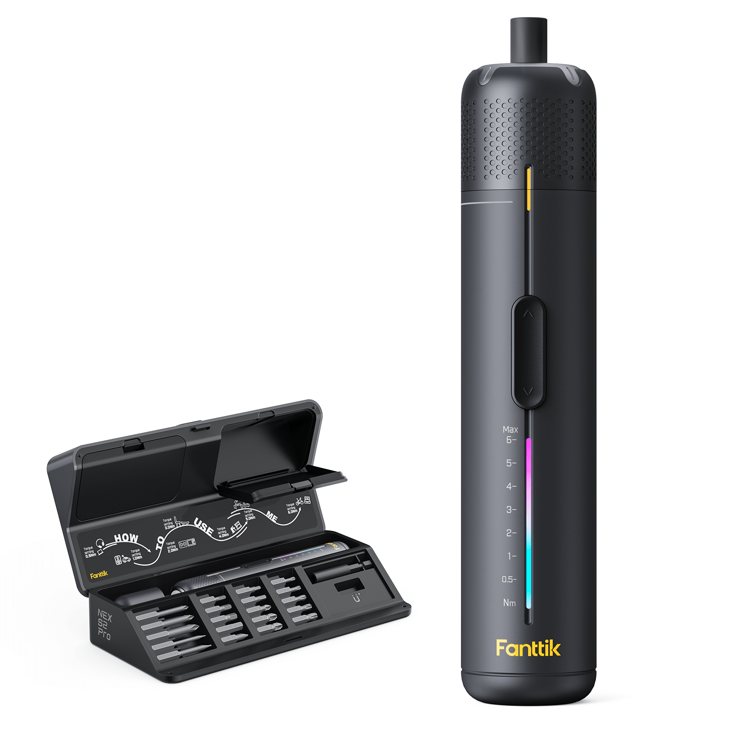 Fanttik S2 Pro cordless electric screwdriver with case and bits. Features 7 torque settings up to 6Nm and LED indicators.