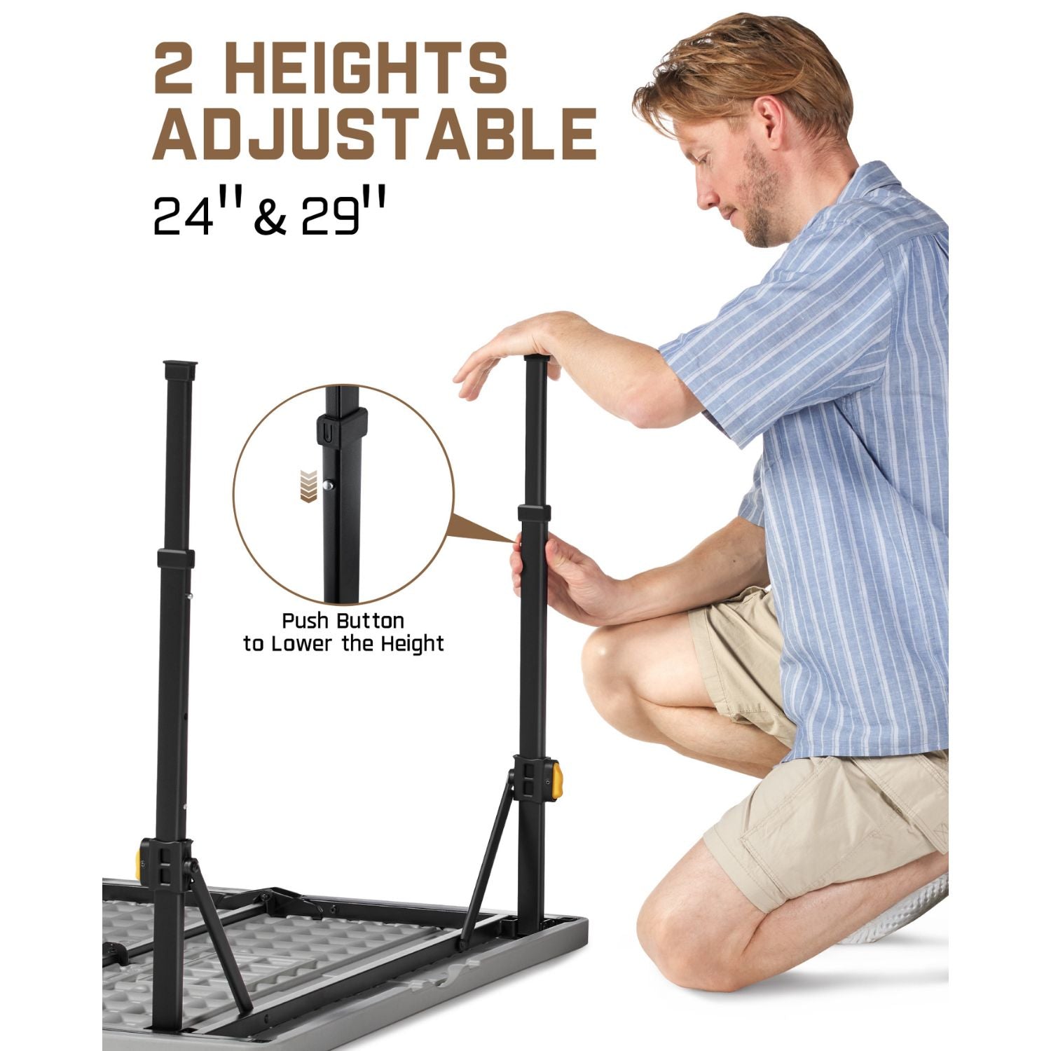 FanttikOutdoor Zeta S4 Pro folding table: Adjustable height legs at 24" and 29". Features push-button mechanism for height adjustment.