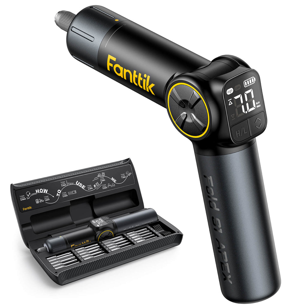 Fanttik Fold S1 APEX Deluxe Cordless Screwdriver with 20 bits and magnetic storage box.