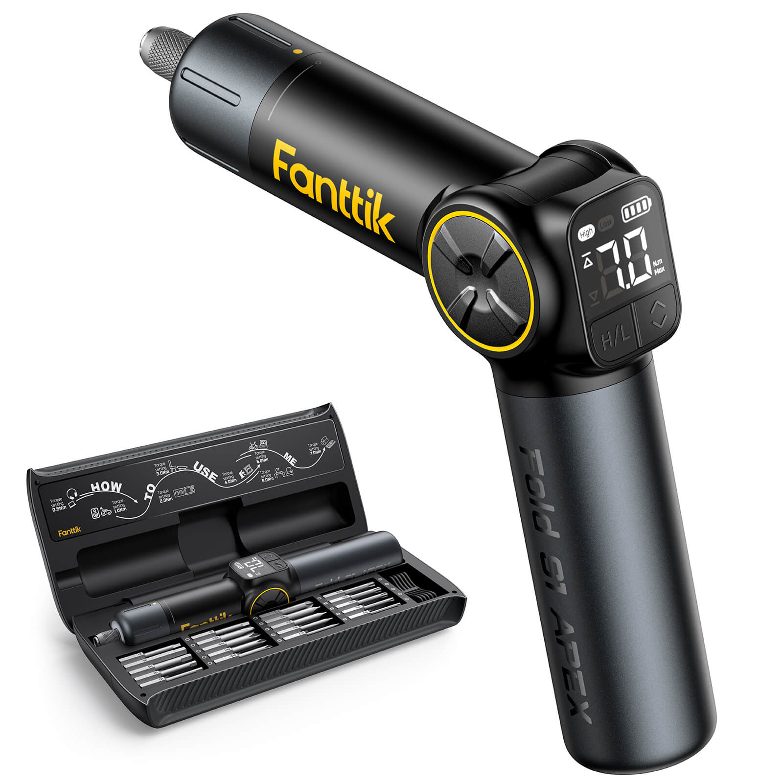 Fanttik Fold S1 APEX Deluxe Cordless Screwdriver with 20 bits and magnetic storage box.