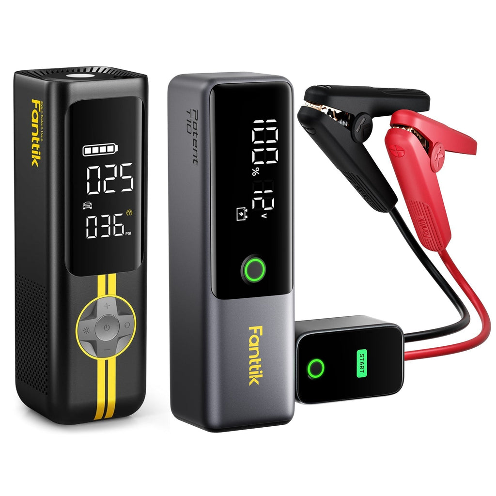 Fanttik X8 APEX tire inflator and T10 1800A jump starter with digital displays and clamps