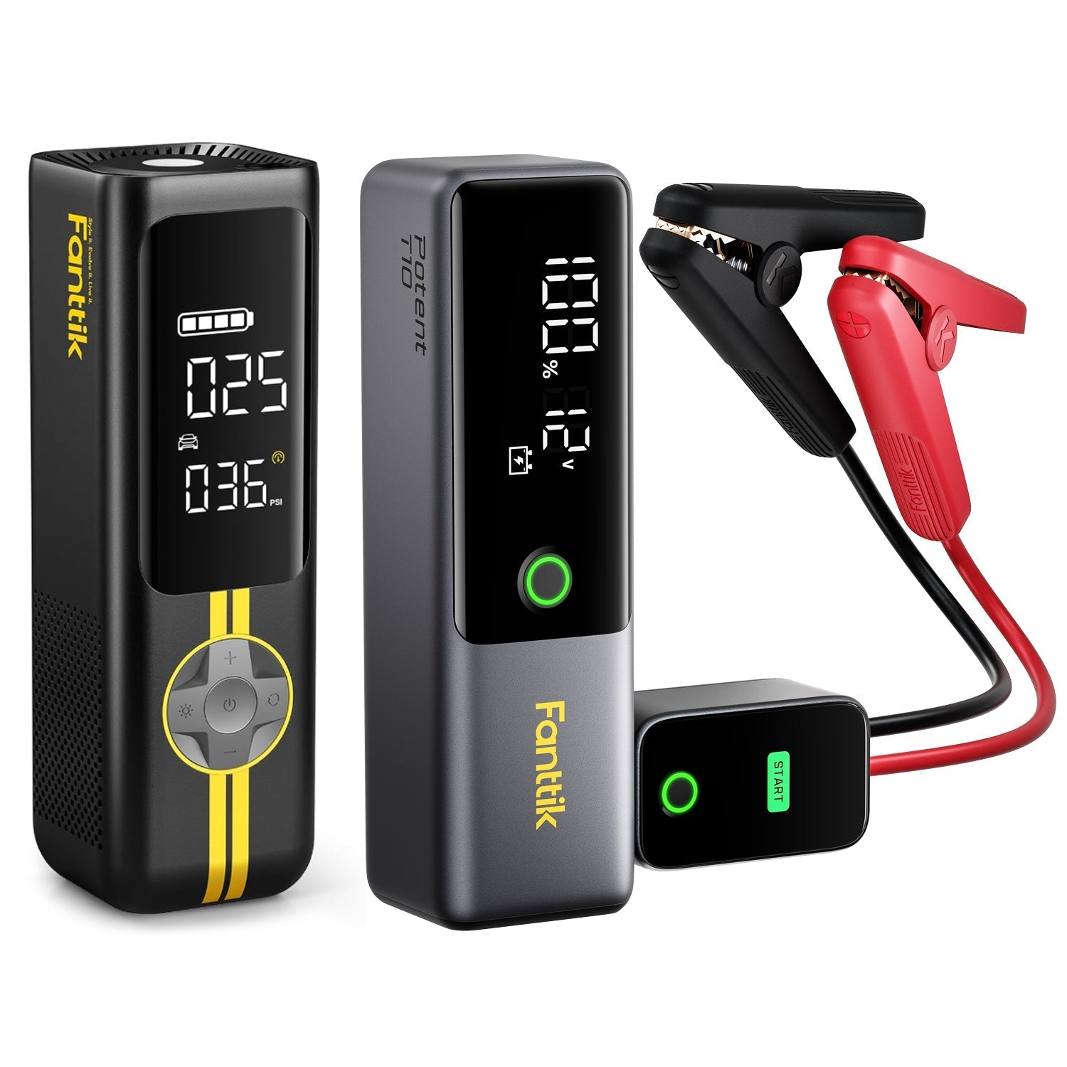 Fanttik X8 APEX tire inflator and T10 1800A jump starter with digital displays and clamps