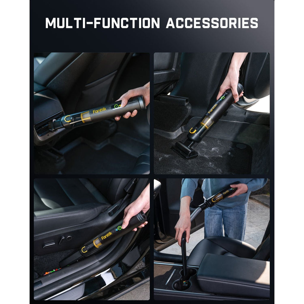Fanttik Slim V10 Mate cordless car vacuum demonstrating multi-function accessories for cleaning car interiors.