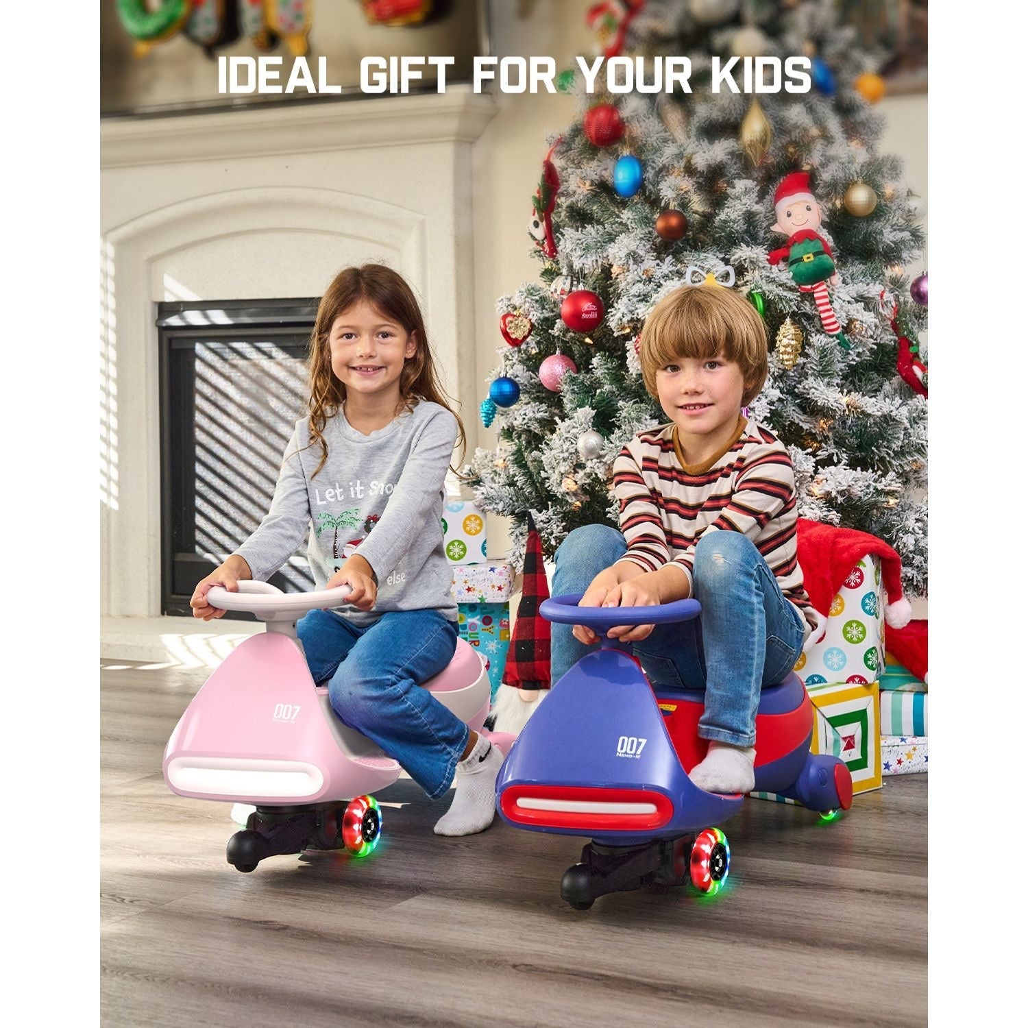 Pink and blue FanttikRide N7 Pro wiggle cars with flashing wheels, ridden by kids near Christmas tree.