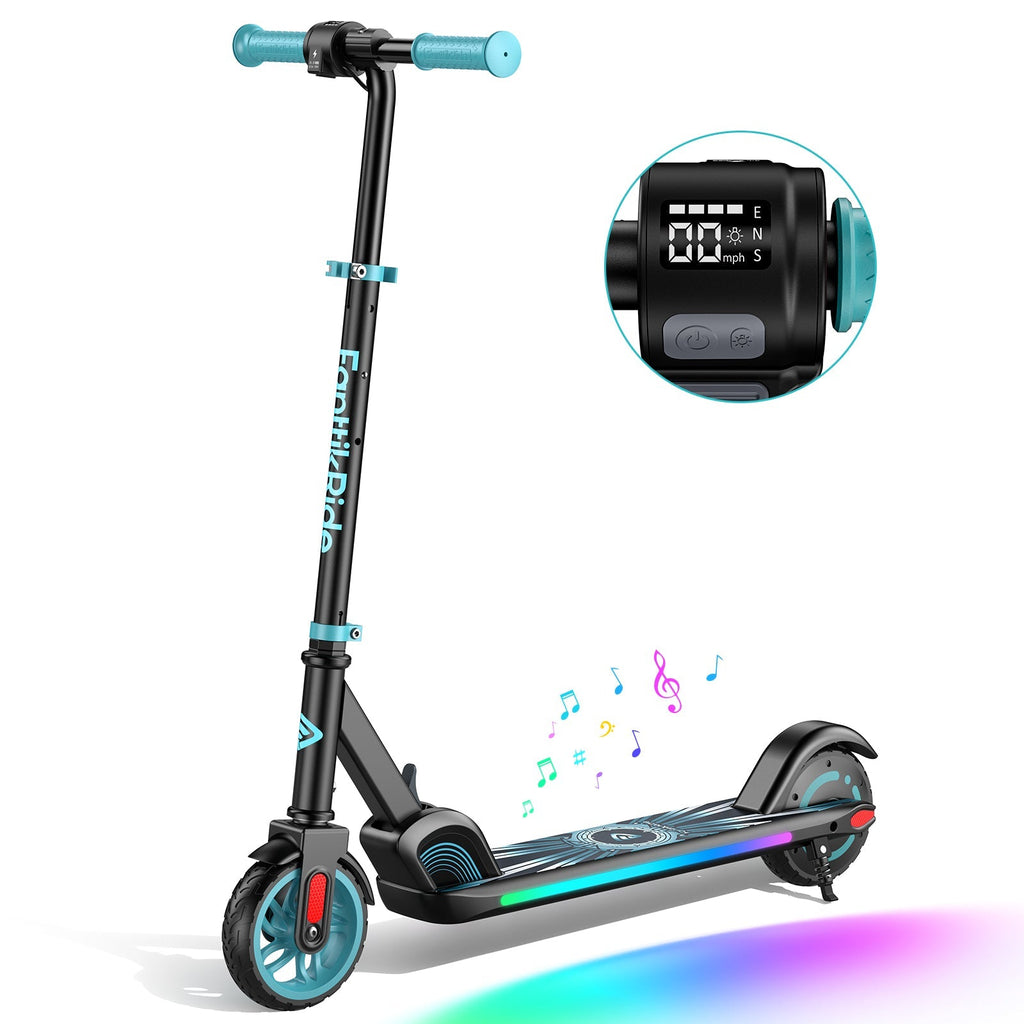 FanttikRide C9 Apex blue electric scooter for kids with digital display, music notes, and LED lights.