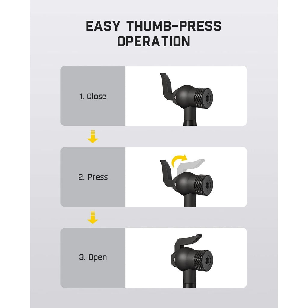 Fanttik air pump extension hose adapter operation: close, press lever, and open. Easy thumb-press.