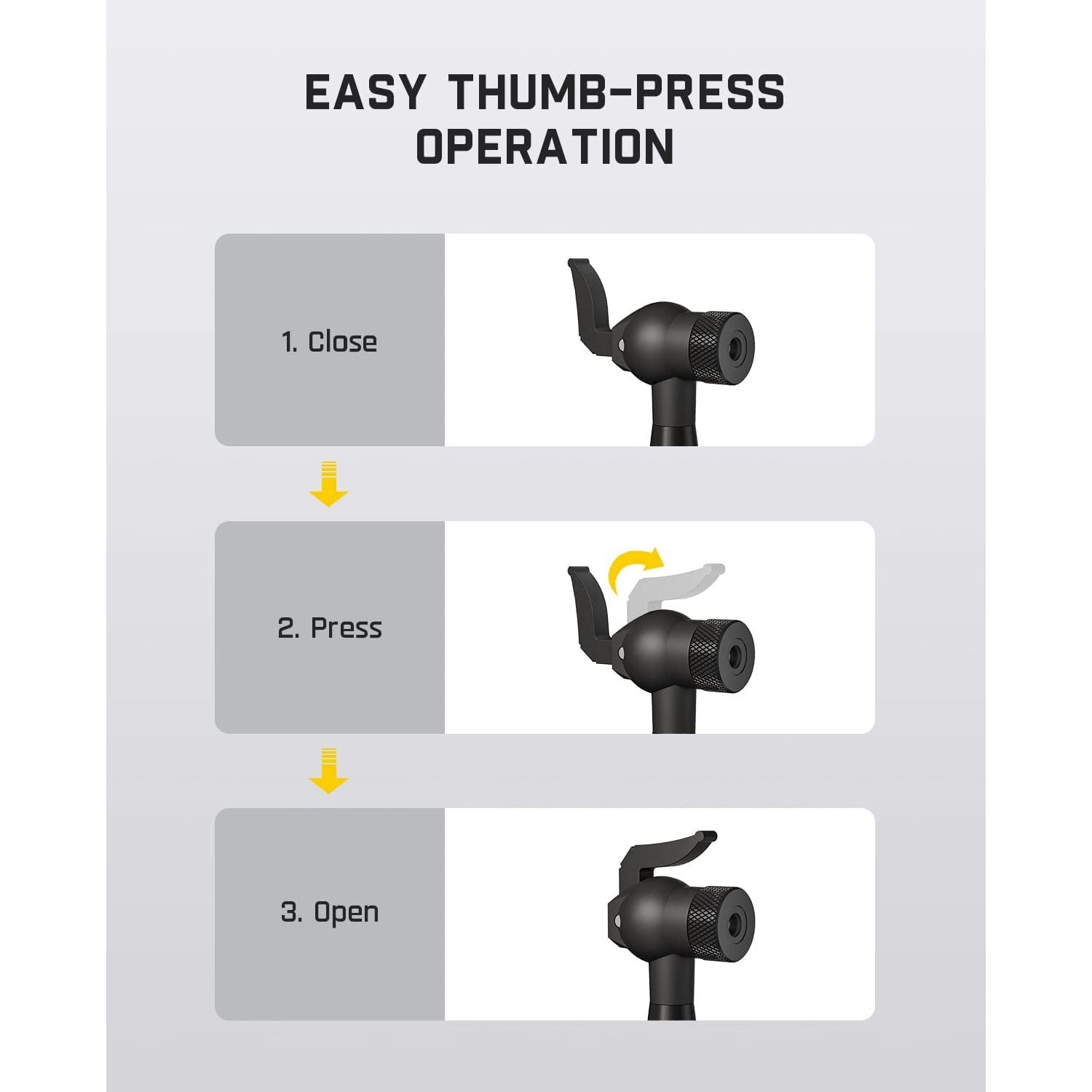 Fanttik air pump extension hose adapter operation: close, press lever, and open. Easy thumb-press.