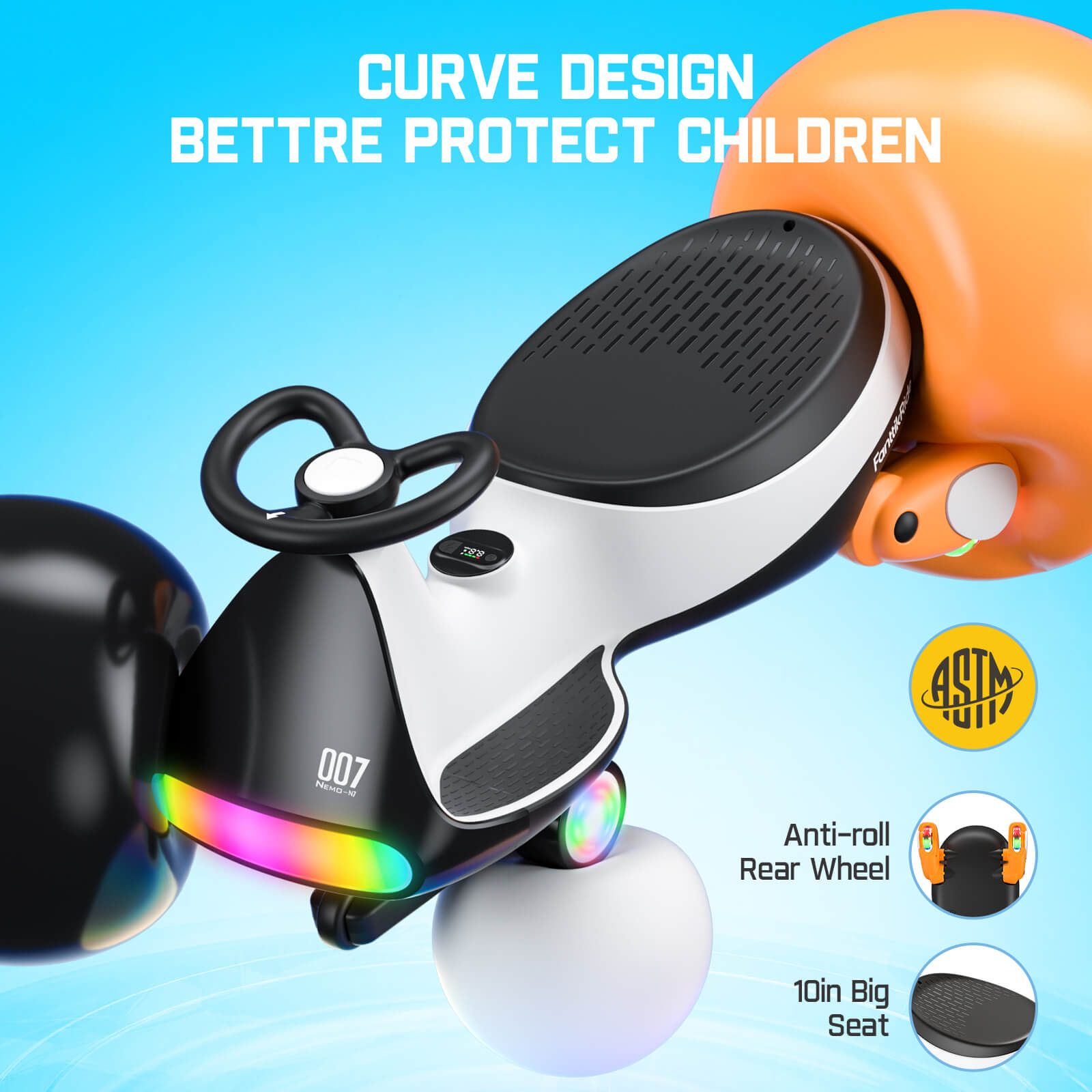 FanttikRide N7 Ultra 12V electric wiggle car with curved design, anti-roll rear wheel, and 10in big seat.