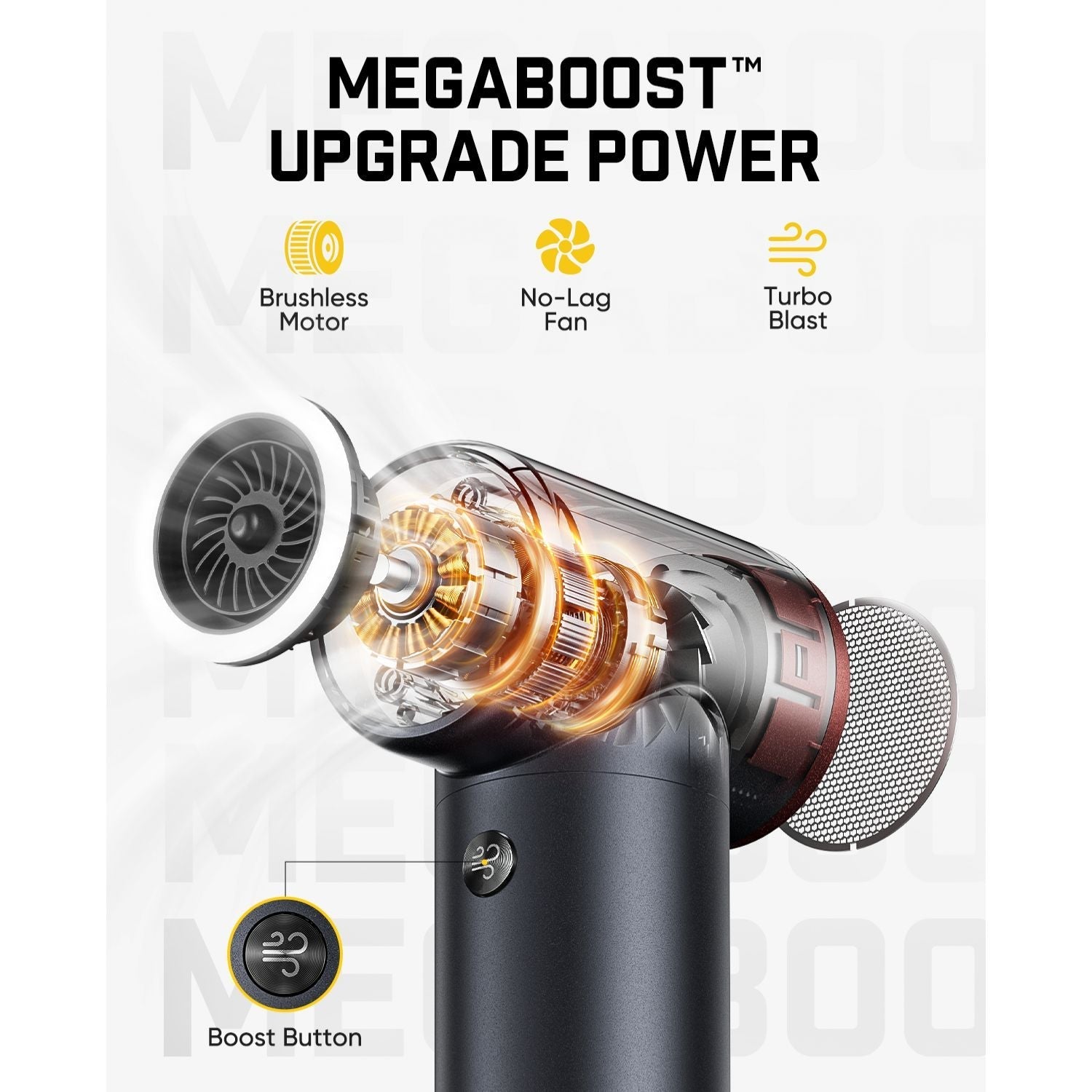 A cordless air duster shown on a white background with marketing text reading 'MEGABOOST UPGRADE POWER' and feature icons for brushless motor, no-lag fan, and turbo blast. The vacuum has a dark gray body, transparent dust container, and metallic silver and copper interior details.