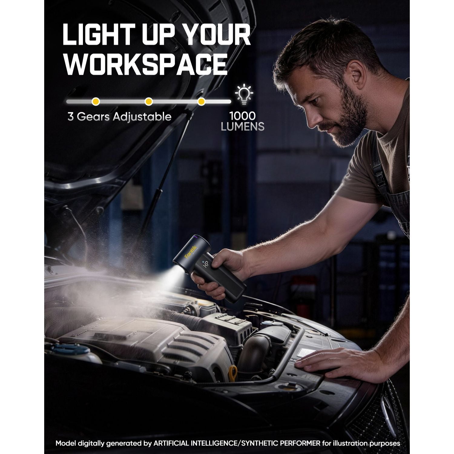 Person using a flashlight to inspect a car engine with text highlighting features like adjustable gears and lumens.