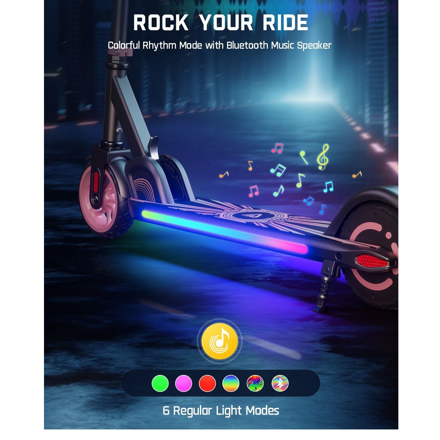 FanttikRide C9 Apex electric scooter for kids in pink with colorful LED lights and Bluetooth speaker. Features 6 light modes.