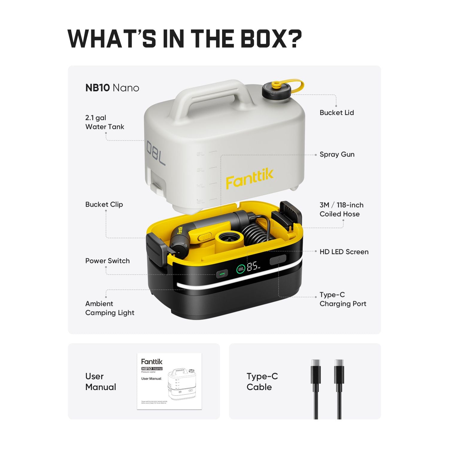 Fantlik NB10 Nano water pump kit with components listed on a white background