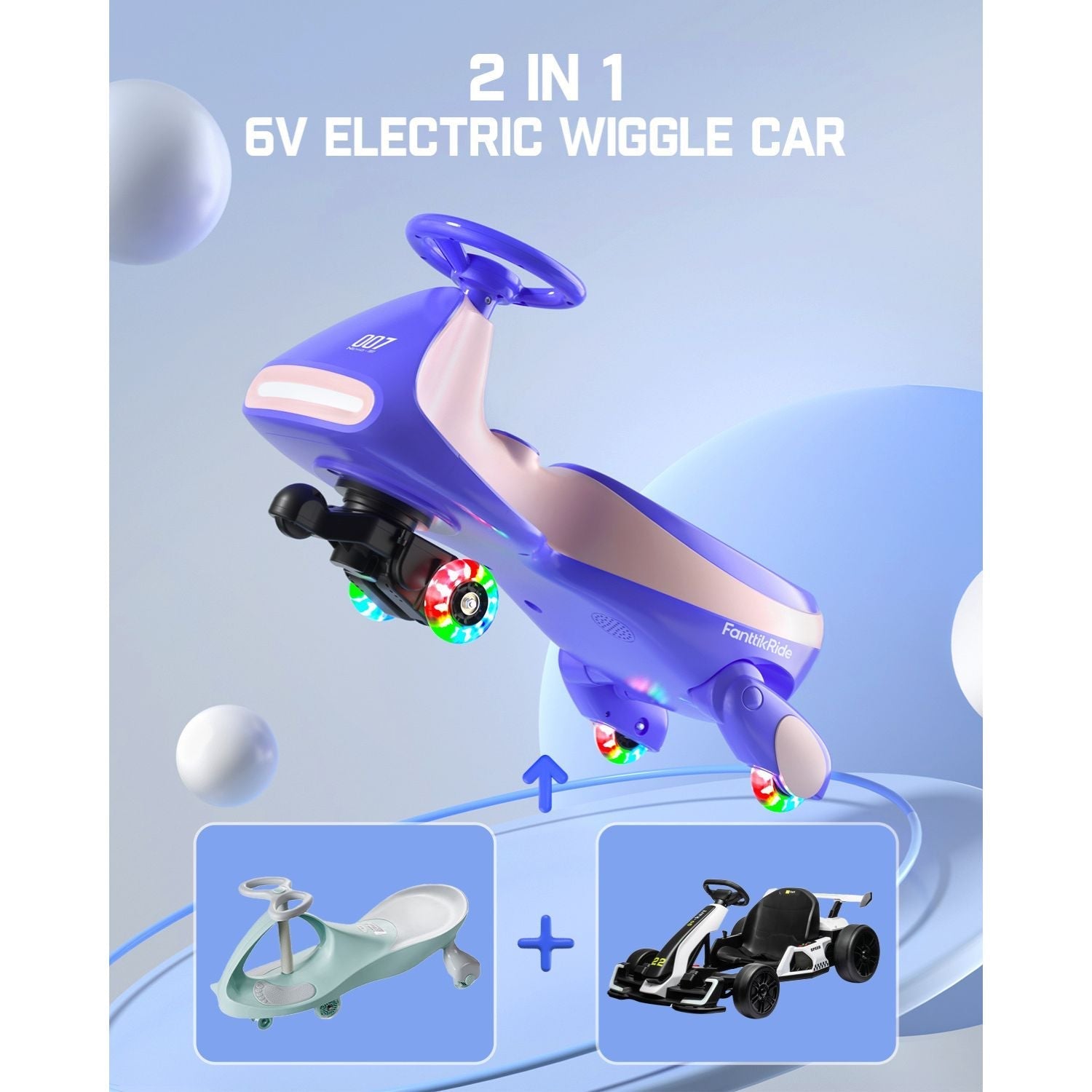 FanttikRide N7 Classic 6V electric wiggle car in purple with 2-in-1 functionality, featuring flashing wheels.