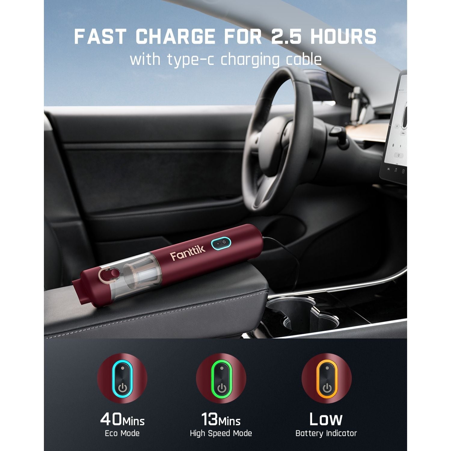 Fanttik Slim V8 Apex red car vacuum, fast charge 2.5 hrs via type-c. Shows 40 min eco mode, 13 min high speed mode, and low battery indicator.