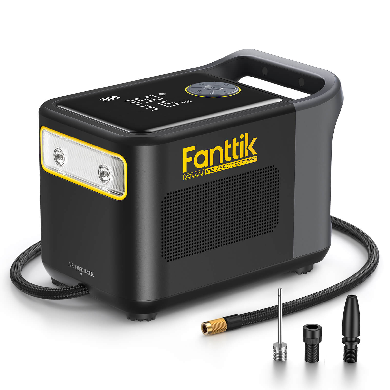 Fanttik X9 Ultra V12 Aerocore Pump tire inflator for pickup trucks with digital gauge & LED light. Includes hose and nozzles.