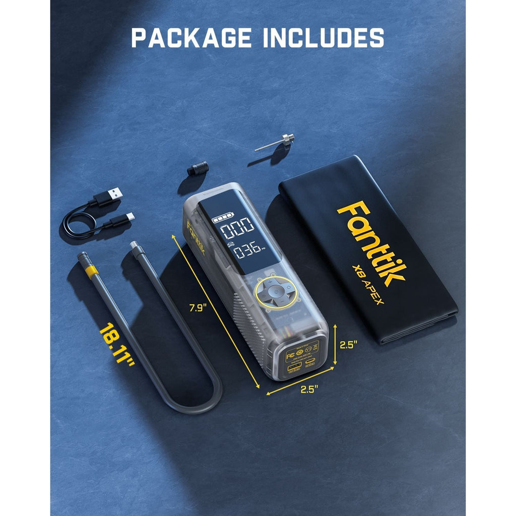 Fanttik X8 APEX tire inflator mechanical gray, with included hose, USB cable, and storage bag