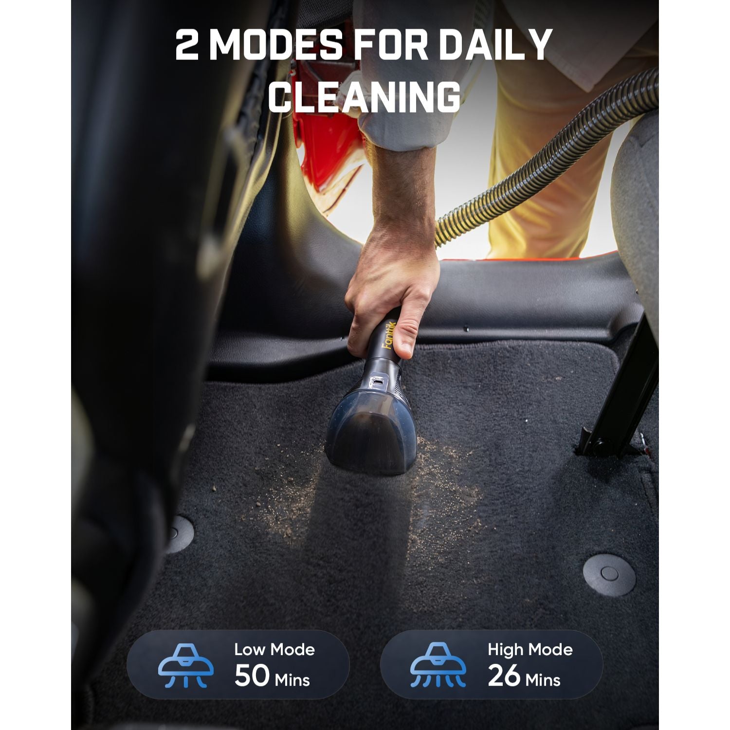 Person cleaning car interior with a Cordless Carpet and Upholstery Cleaner, highlighting '2 Modes for Daily Cleaning' feature.