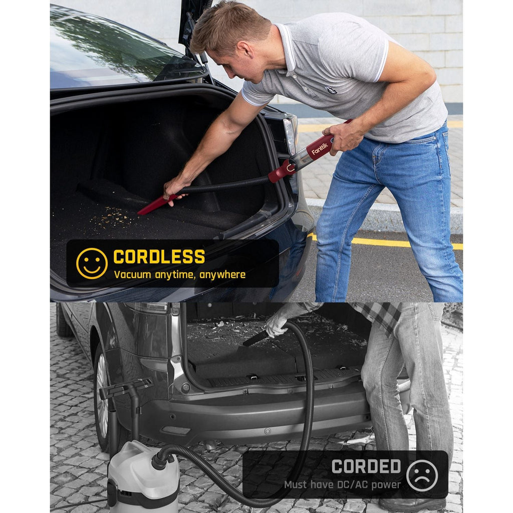 Fanttik Slim V8 Apex cordless car vacuum cleaning car trunk, contrasted with a corded vacuum.