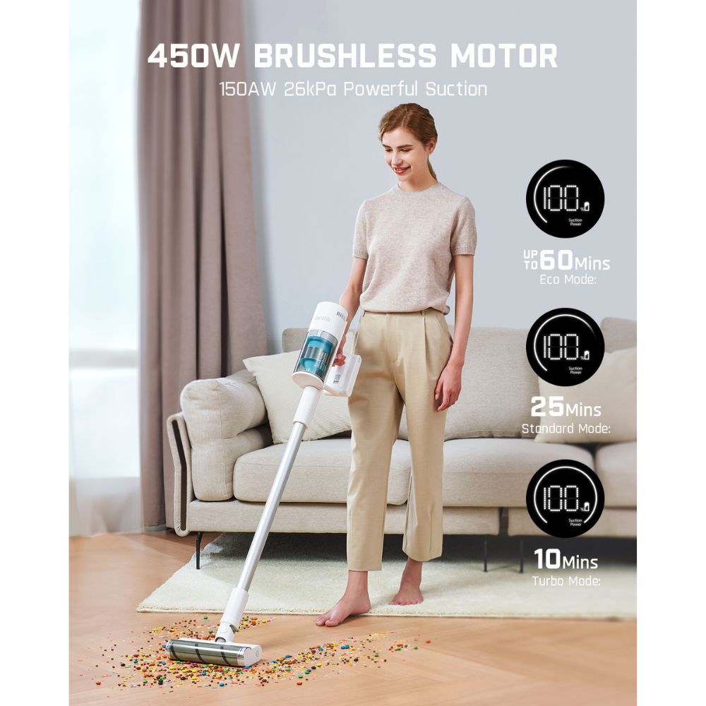 Fanttik Storm 10 Pro cordless vacuum cleaner with 450W brushless motor, 150AW suction, and up to 60 mins runtime in Eco mode.
