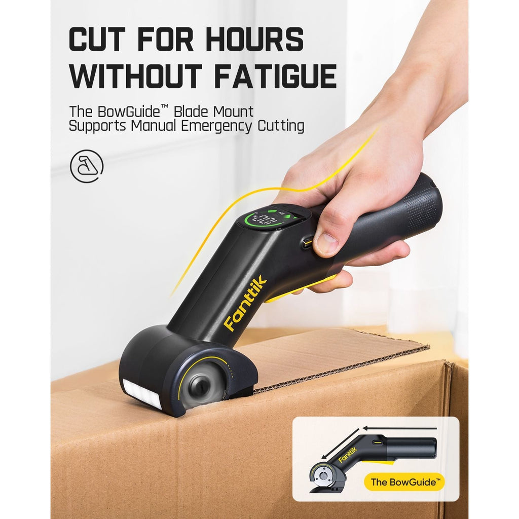 Fanttik C10 Pro cordless electric scissors cutting cardboard box, featuring BowGuide technology for fatigue-free cutting.