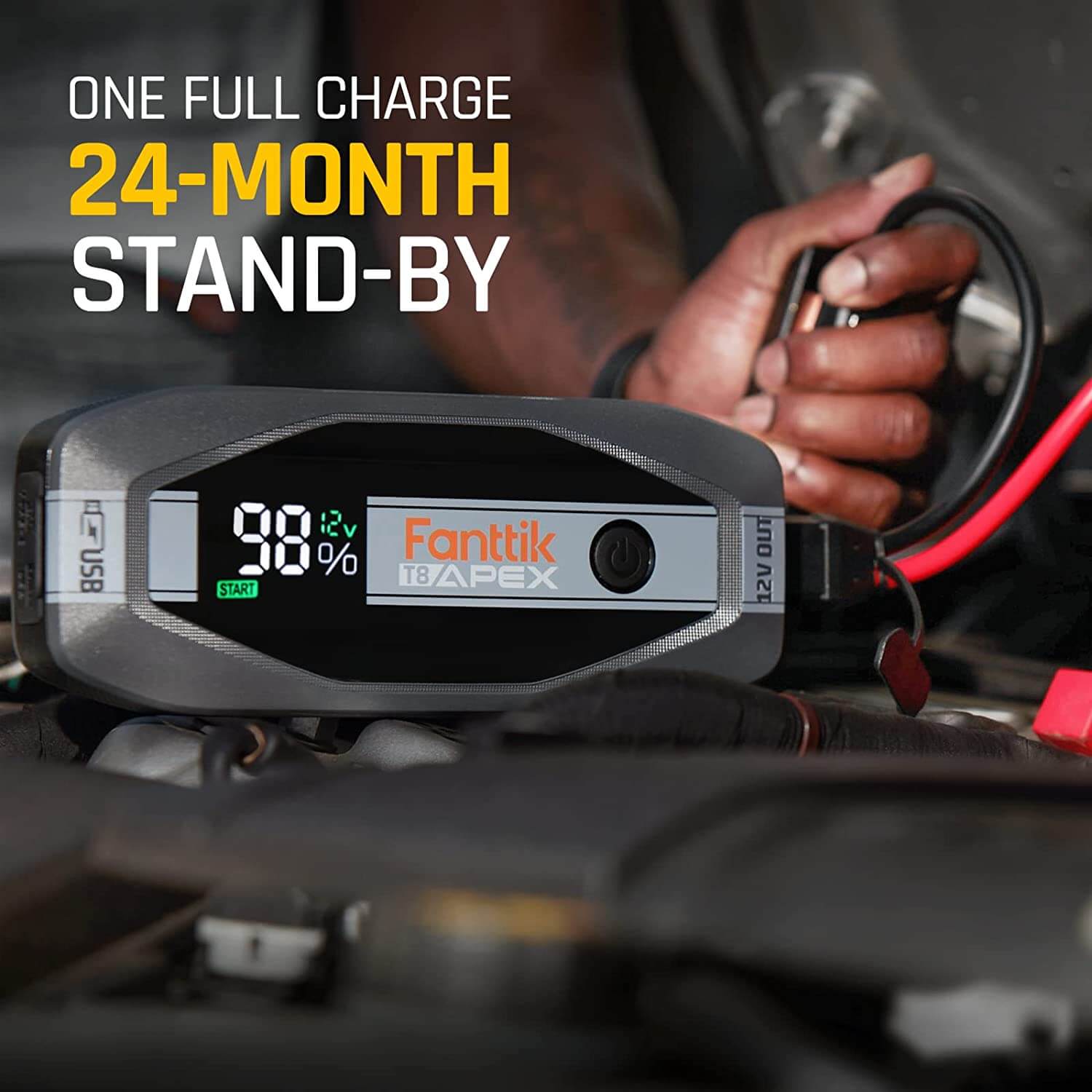 Fanttik T8 APEX jump starter with 2000 Amps and 24-month standby charge, showing 99% battery on display.