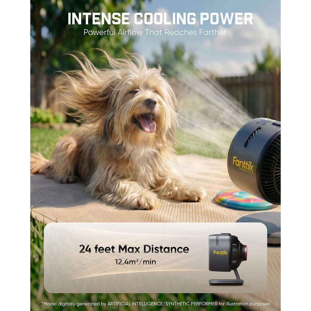 Dog enjoying a cool breeze from a Fanttik MistFlow 11 Pro Cordless Misting Fan in an outdoor setting