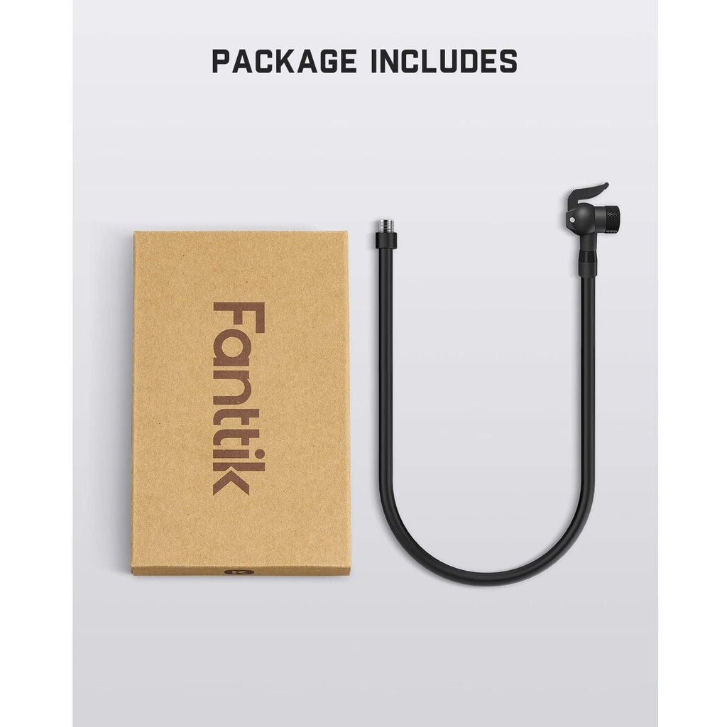Fanttik air pump extension hose adapter kit with box and black U-shaped hose with lock-on chuck.