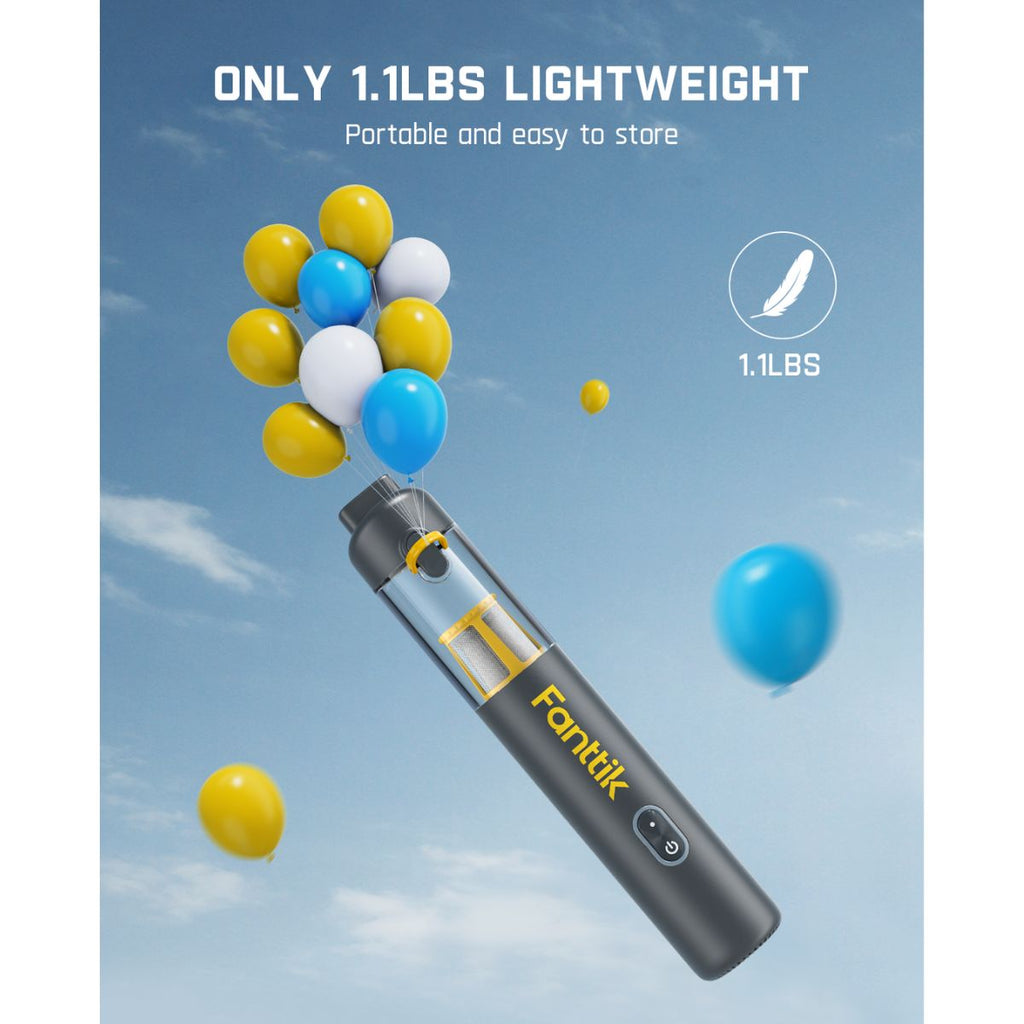 Fanttik Slim V8 Apex car vacuum, 1.1lbs lightweight, portable, gray, with balloons
