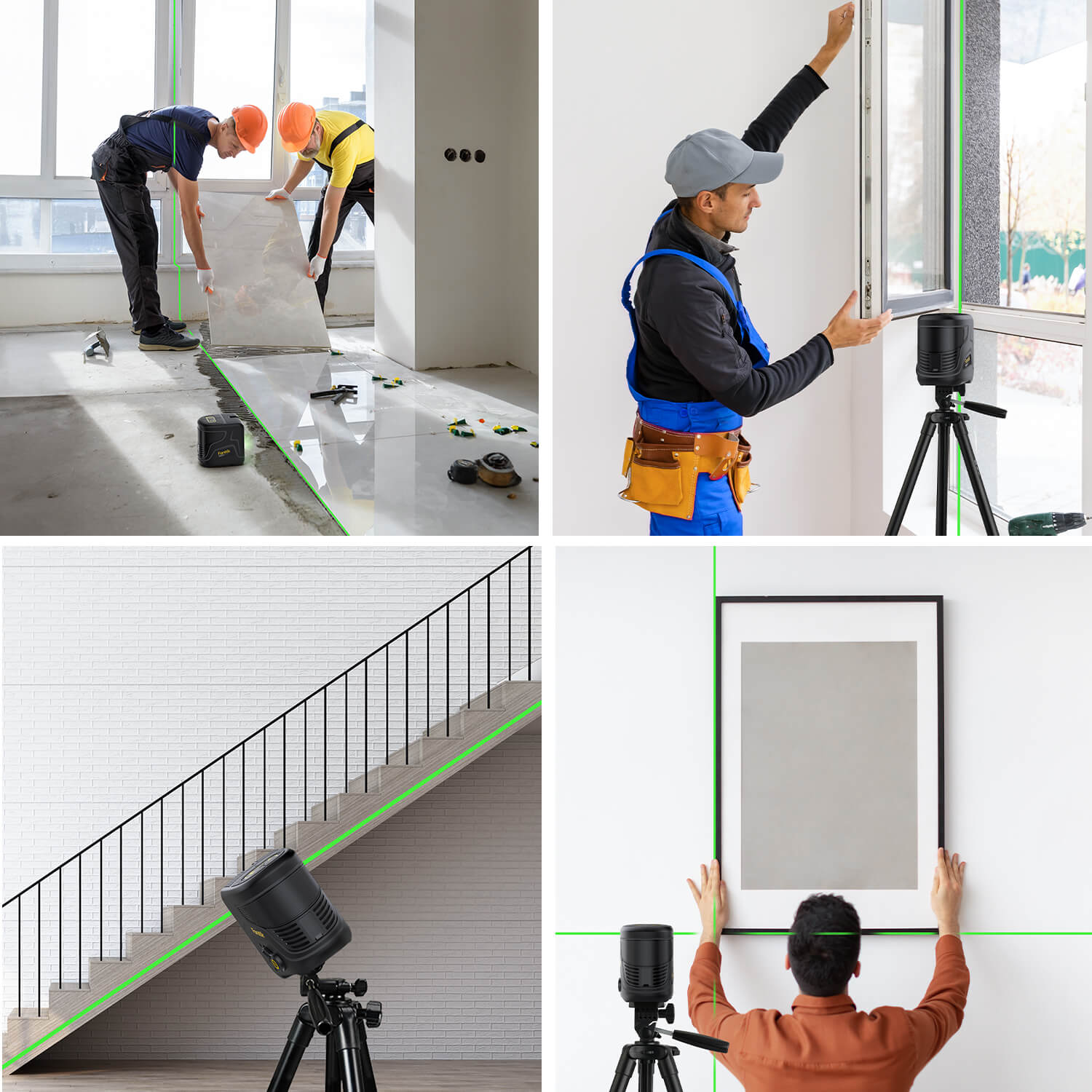 Fanttik D2 PLUS laser level projecting green lines for tiling, window installation, stair alignment, and picture hanging.