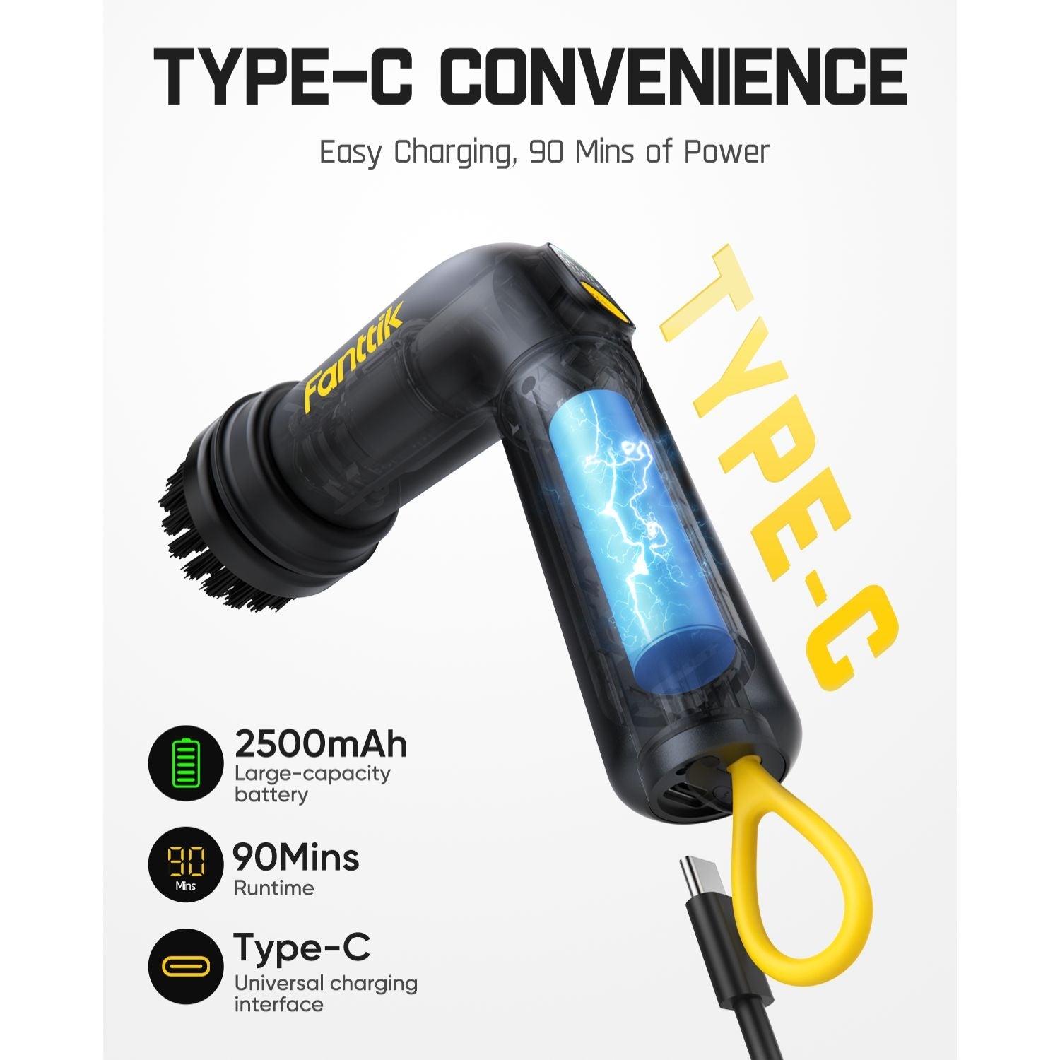 Fanttik G9 Handy electric spin scrubber with Type-C charging, 2500mAh battery, and 90 mins runtime.