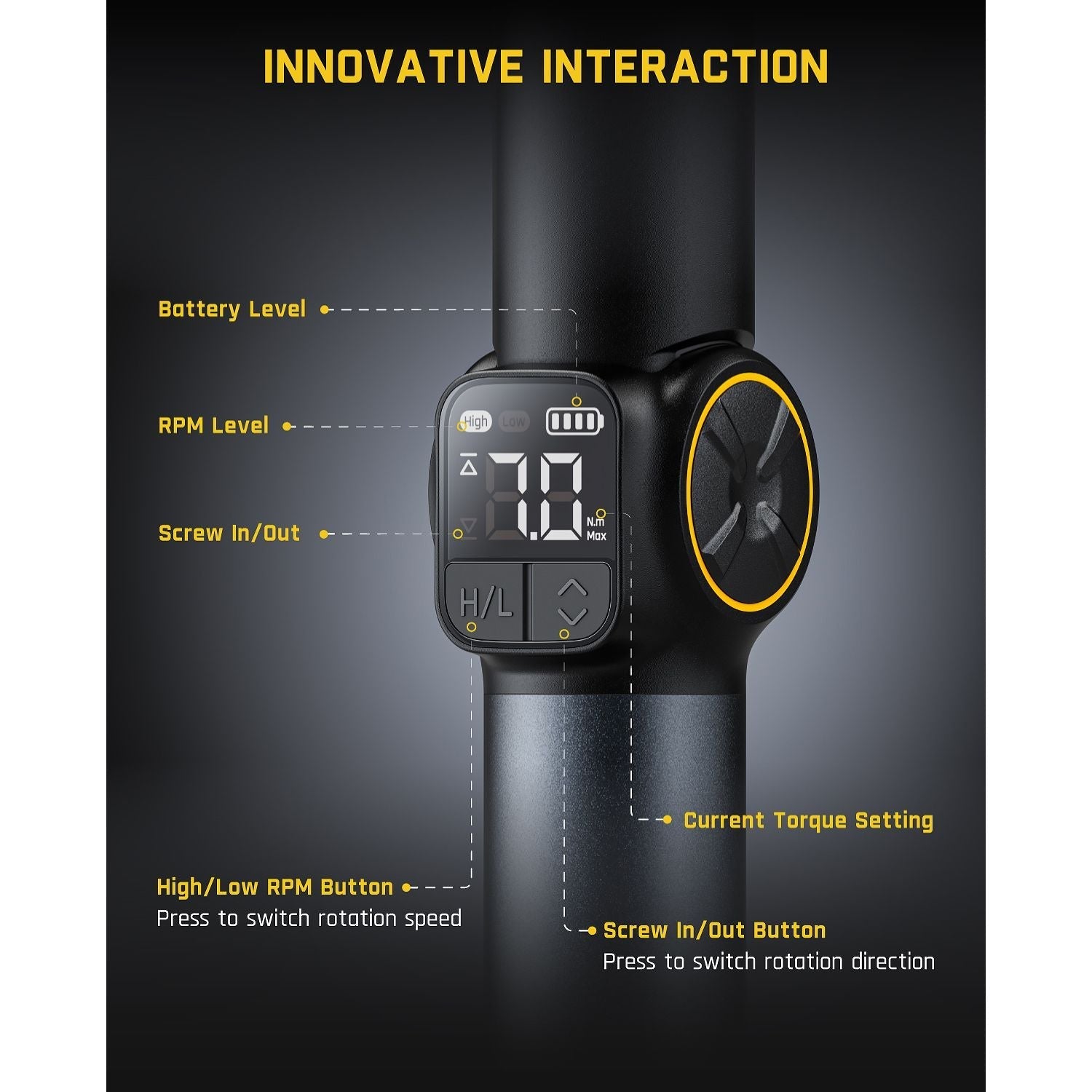 Fanttik Fold S1 APEX cordless screwdriver display showing battery level, RPM, torque settings, and screw direction.