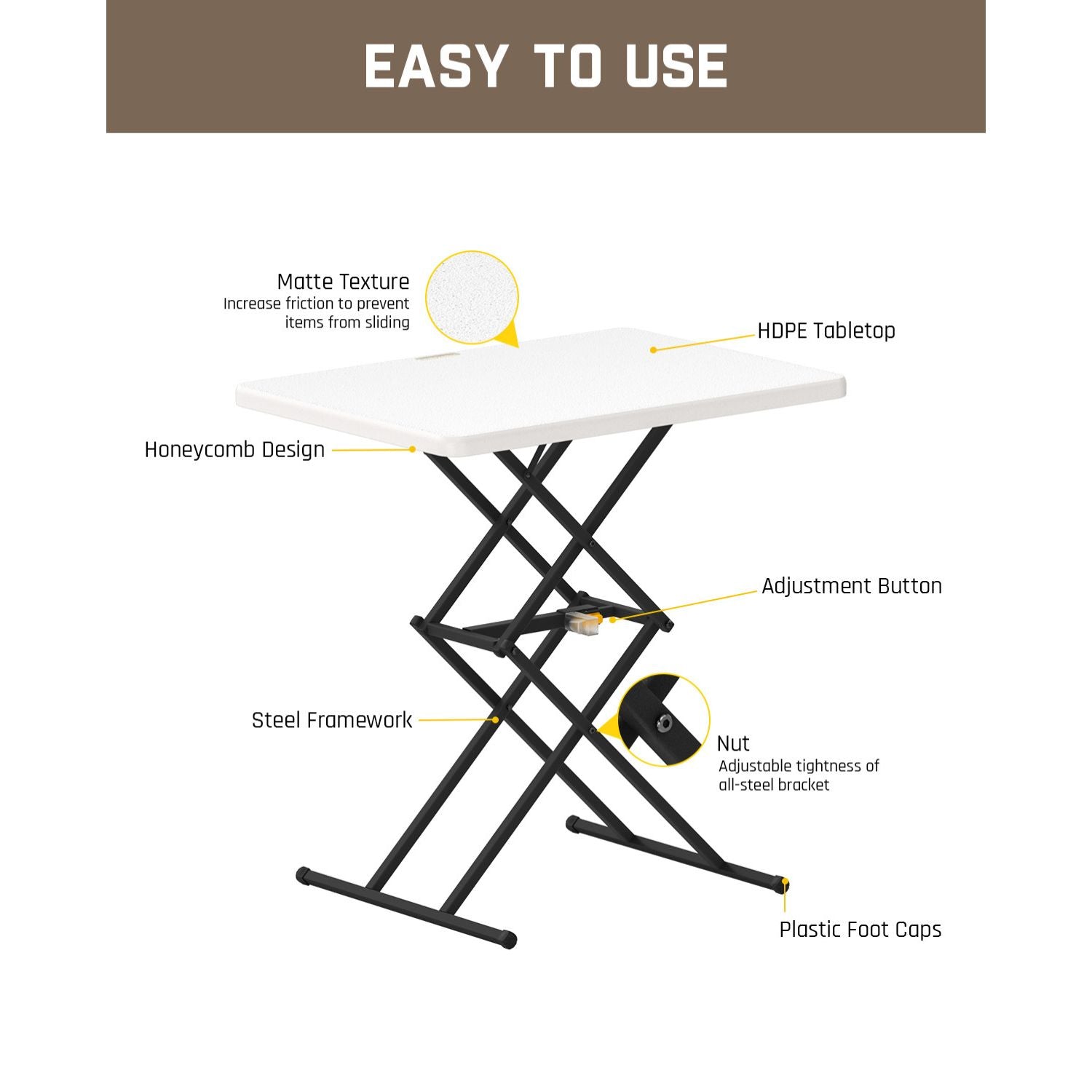 FanttikOutdoor Zeta X1 Pro table features HDPE tabletop, steel frame, adjustment button, and plastic foot caps.