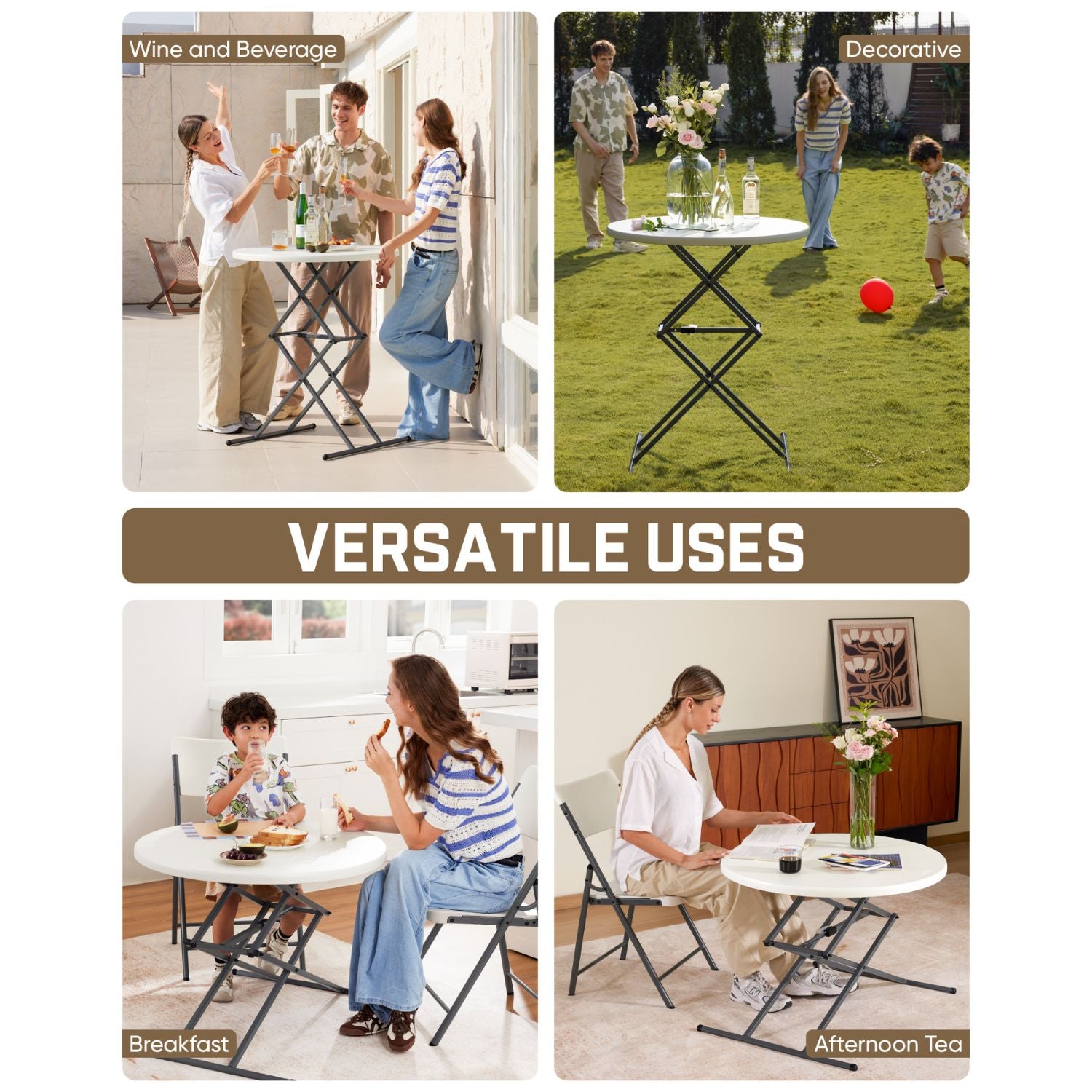 FanttikOutdoor Zeta O3 Pro 32" round folding table: patio, garden, breakfast, and afternoon tea settings.
