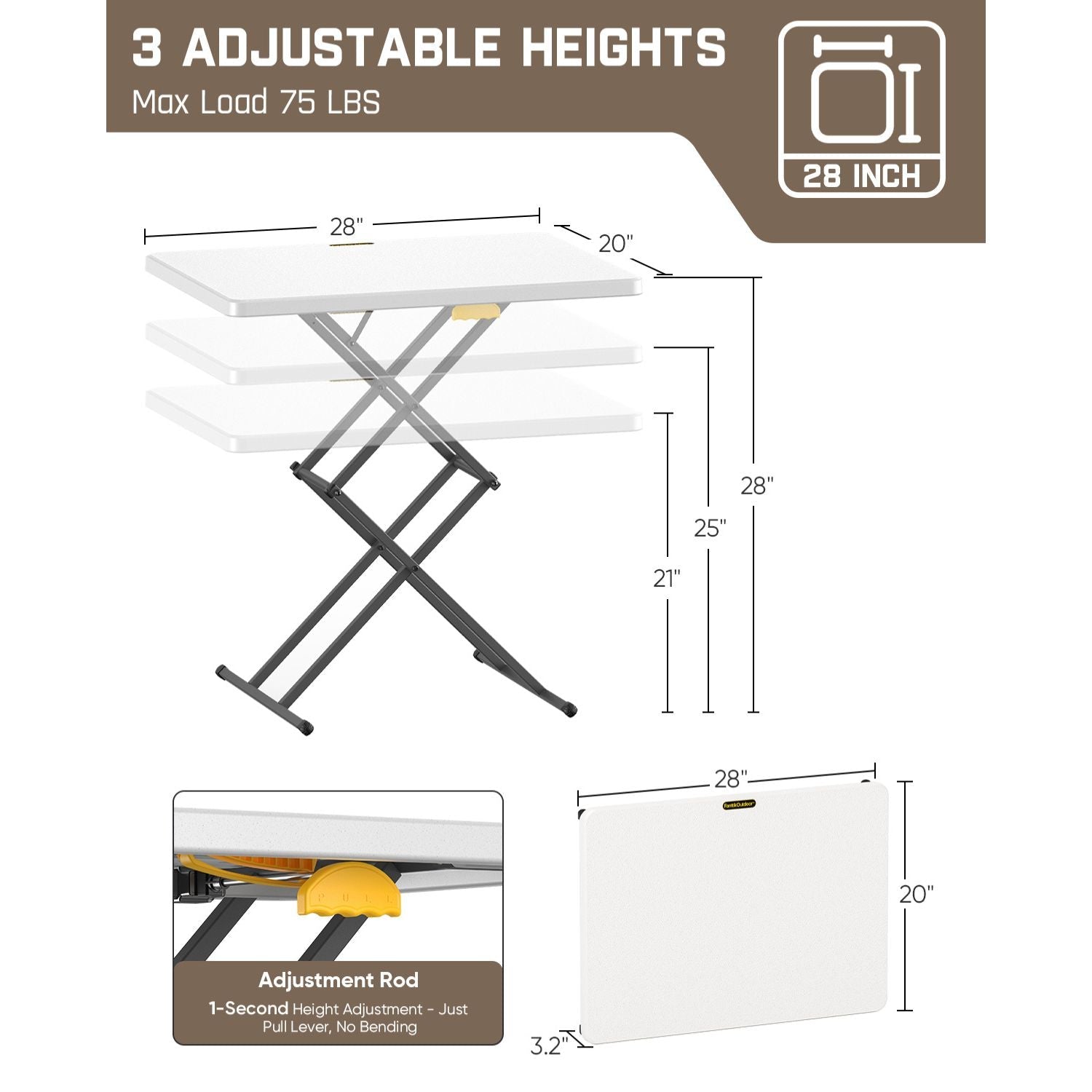 FanttikOutdoor Zeta X1 Apex 28" folding table: 3 adjustable heights (21-28"), 75 lbs max load, 28x20" surface, 3.2" folded.
