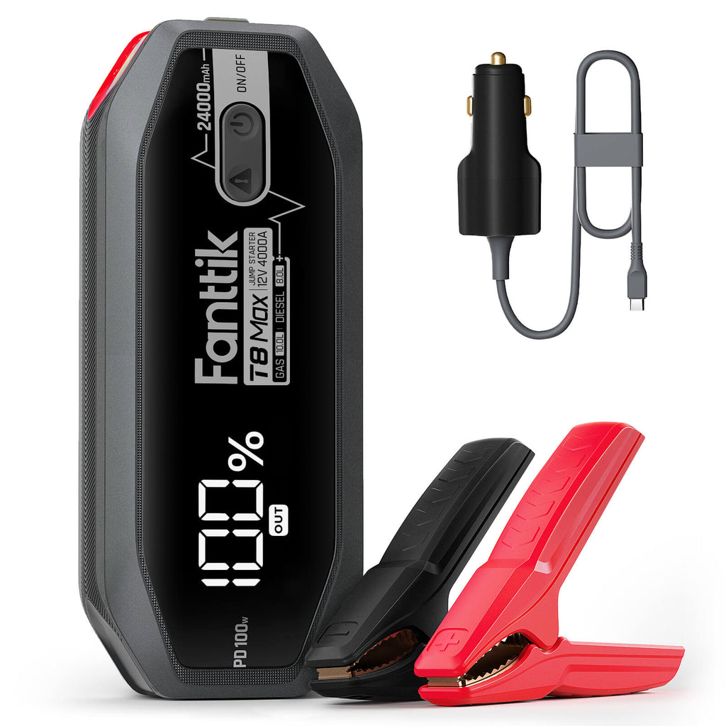 Fanttik T8 MAX 4000 Amp jump starter with 24000mAh battery, 100W PD, car charger, and red/black clamps.