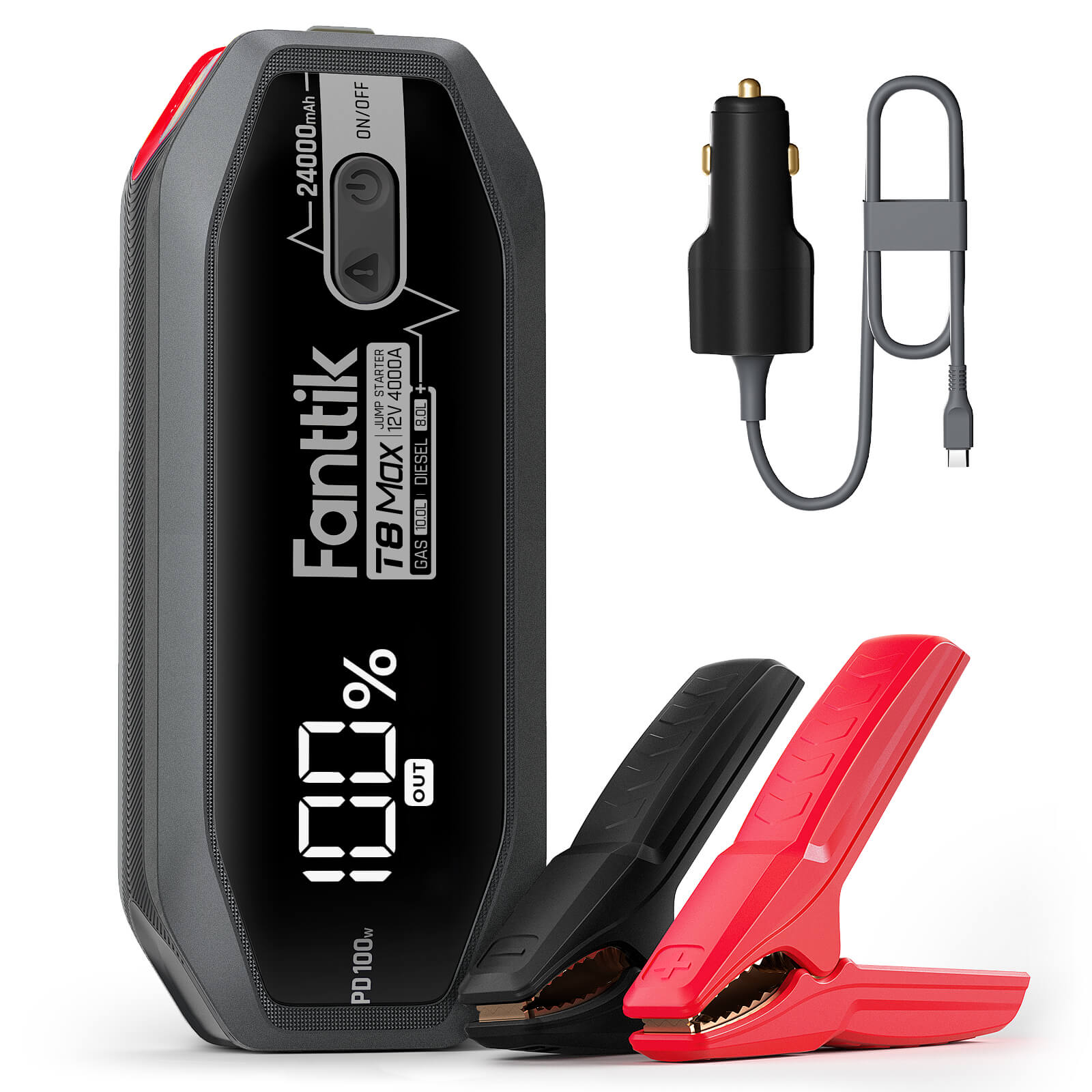 Fanttik T8 MAX 4000 Amp jump starter with 24000mAh battery, 100W PD, car charger, and red/black clamps.