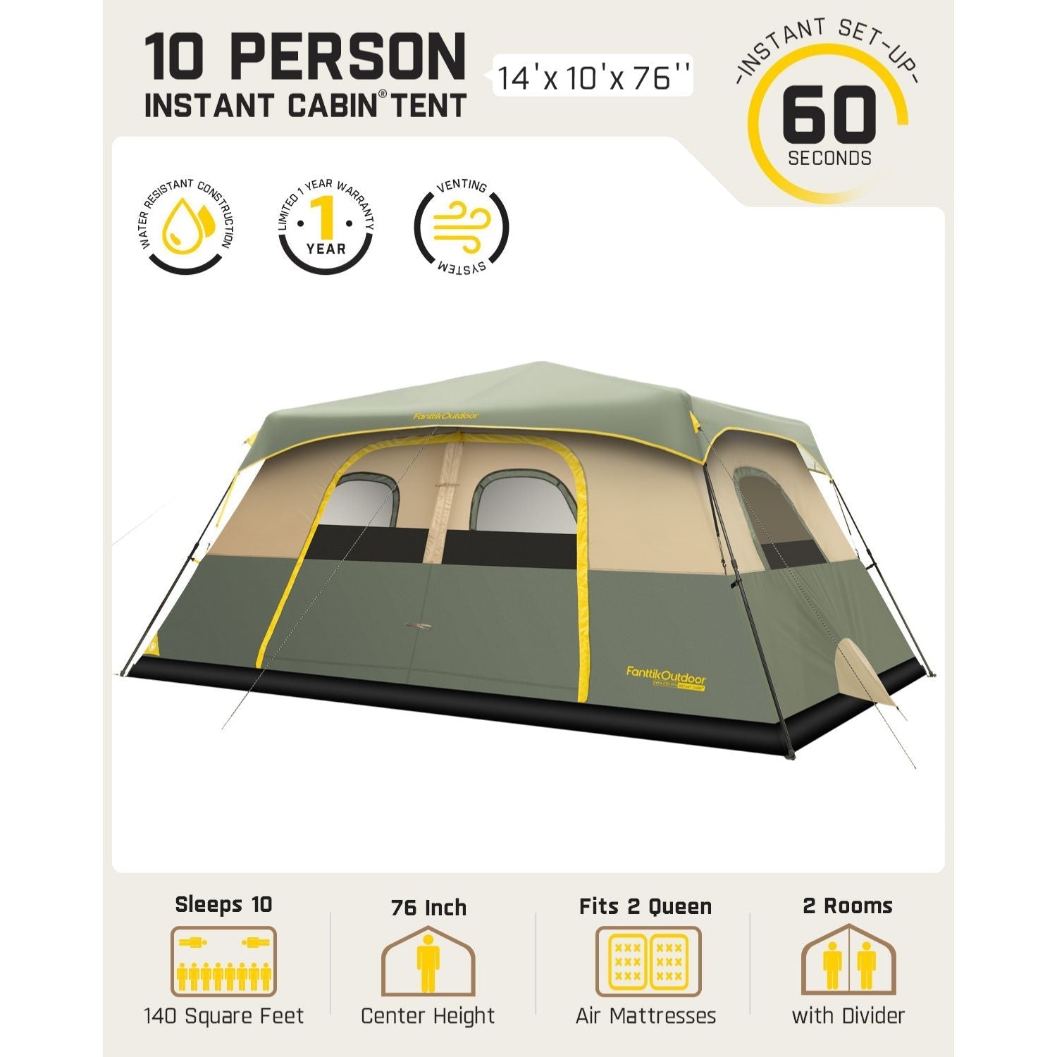 FanttikOutdoor Zeta C10 Pro 10 person instant cabin tent, 14'x10'x76", 60 sec setup, water resistant, 1 yr warranty.