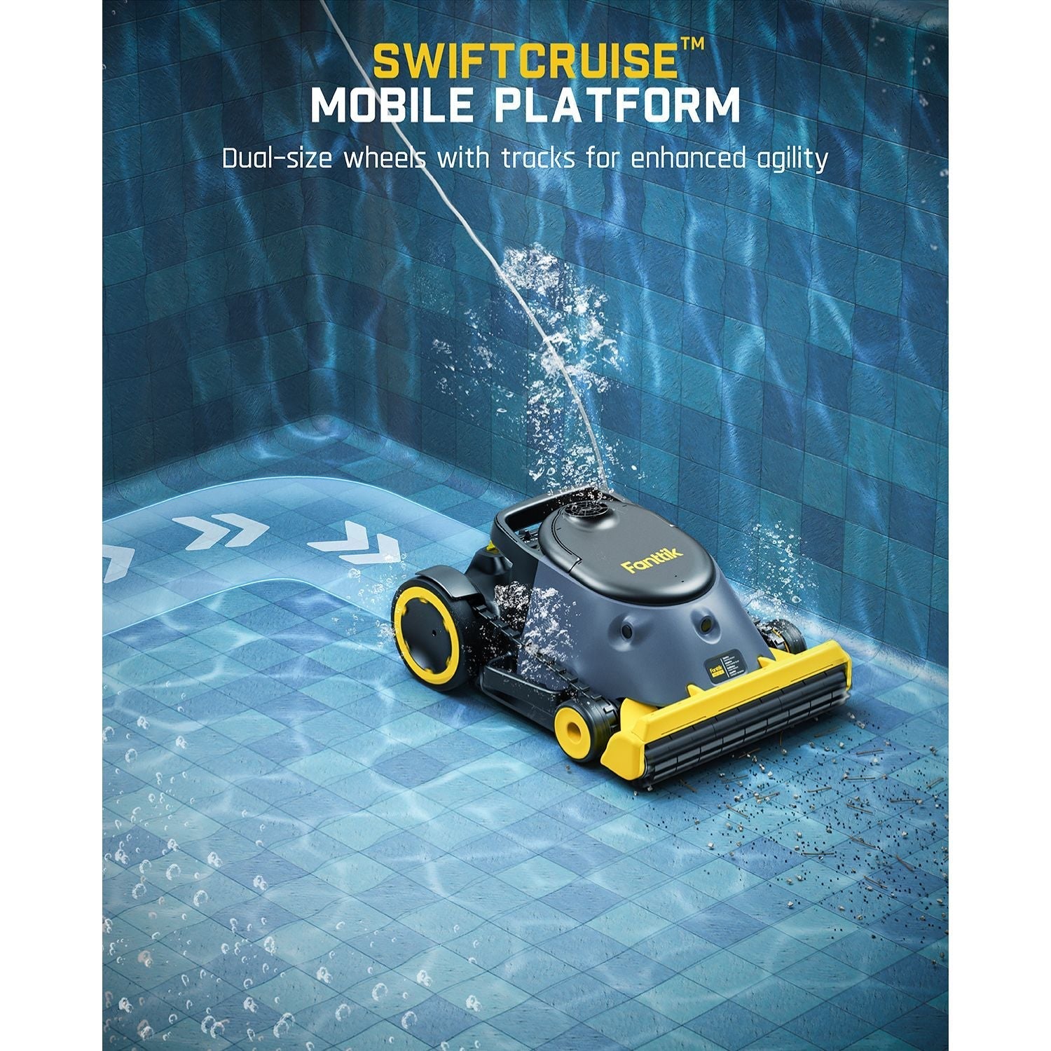Fanttik Aero X robotic pool cleaner with SwiftCruise mobile platform and dual-size wheels with tracks.