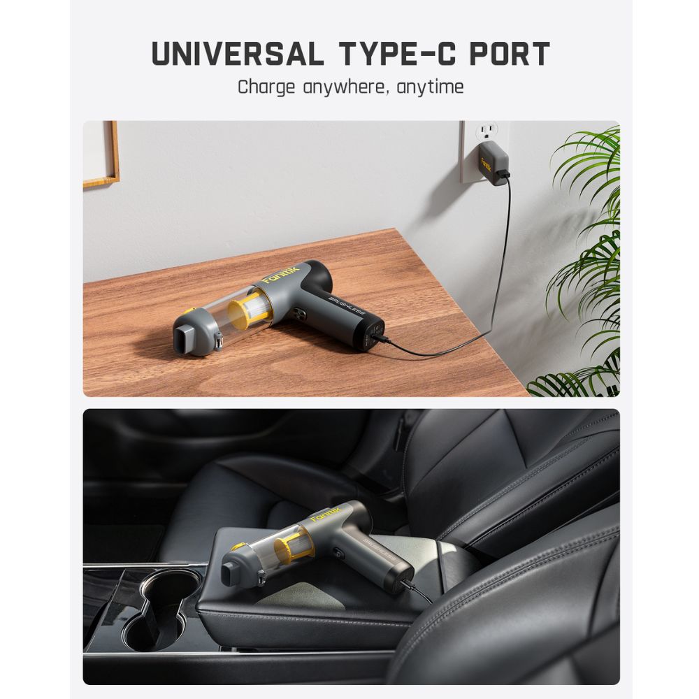 Fanttik Slim V9 Mix car vacuum with universal Type-C port charging on a table and in a car.